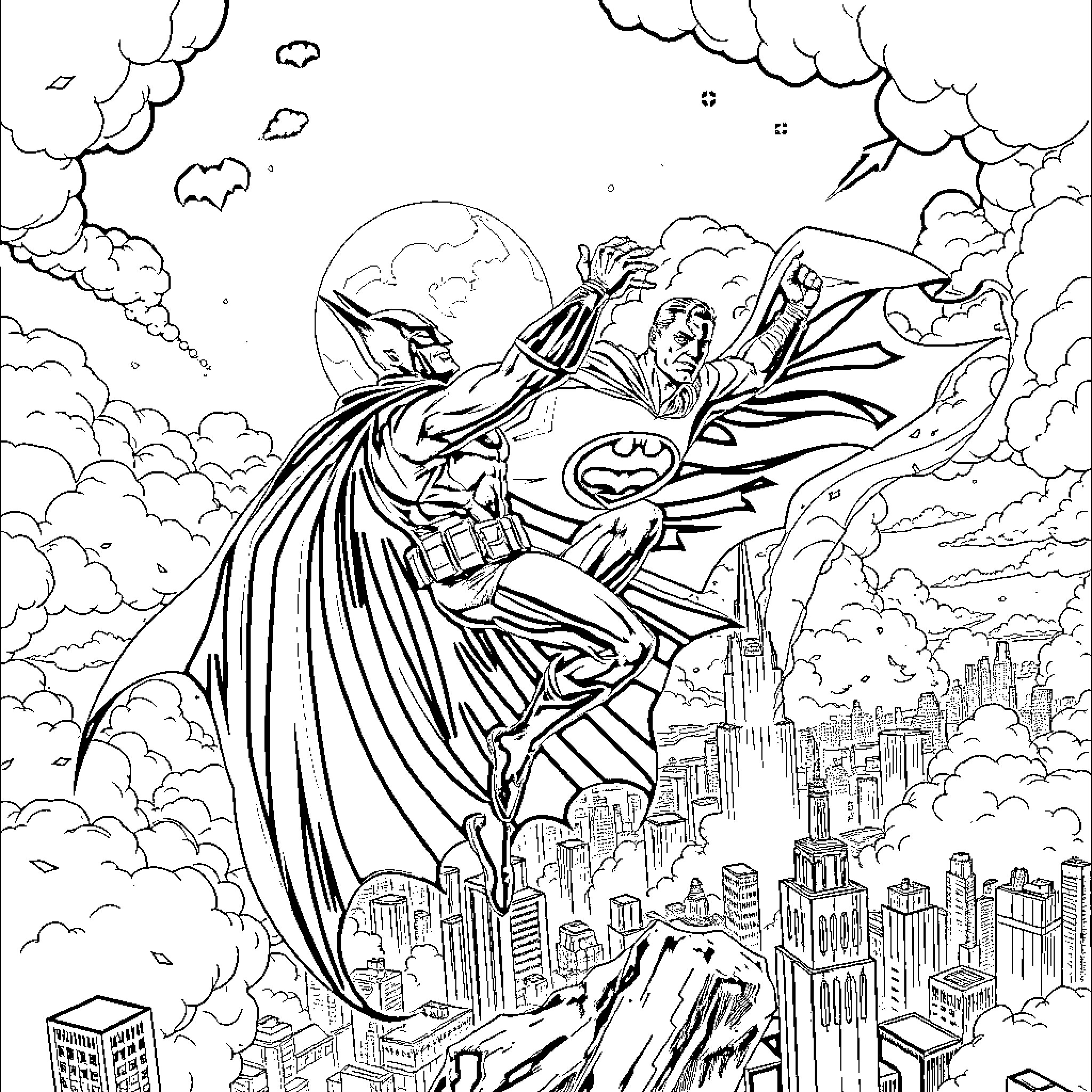 Batman soaring over the city in action Coloring Page (free black-and-white line drawing printable PDF for all, from beginners to advanced learners, including children, teens, adults, and seniors)