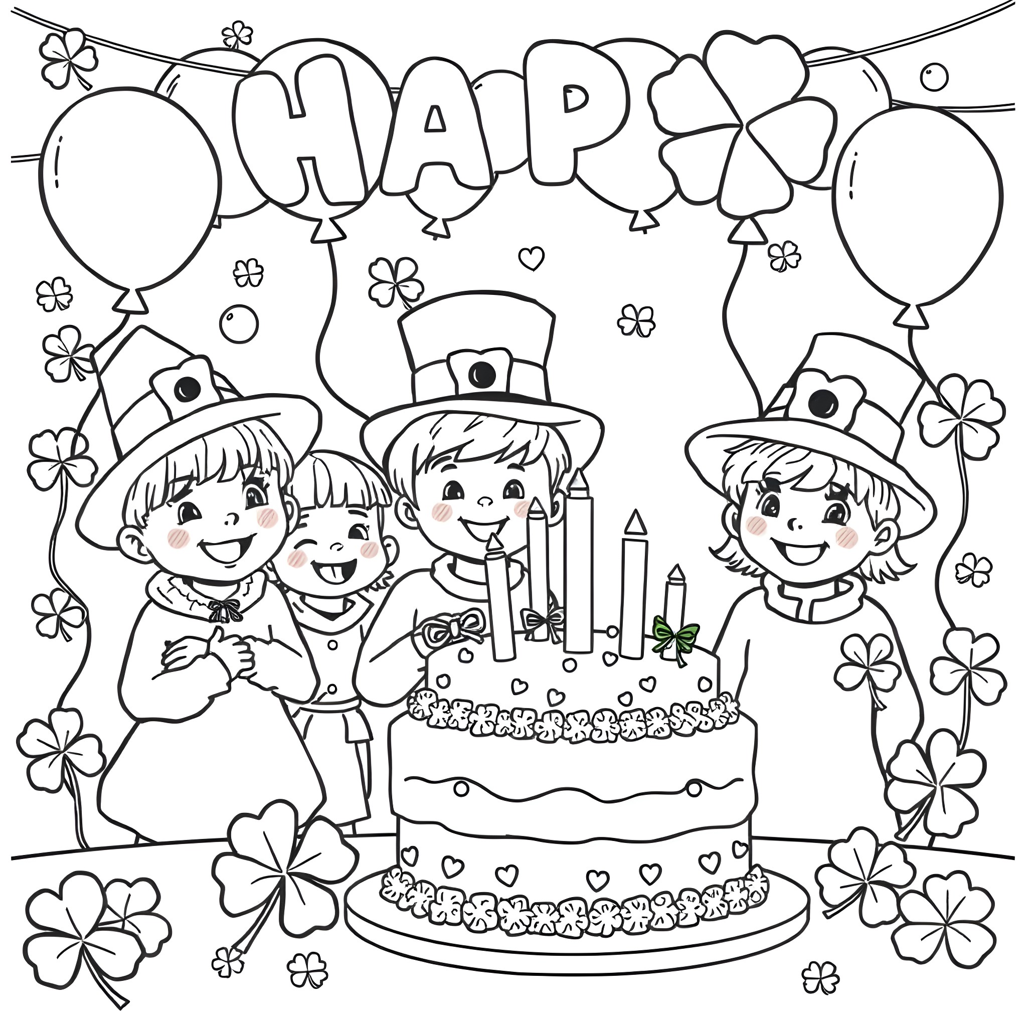 St Patrick's Day Celebration with Children and Cake Coloring Page (free black-and-white line drawing printable PDF for all, from beginners to advanced learners, including children, teens, adults, and seniors)