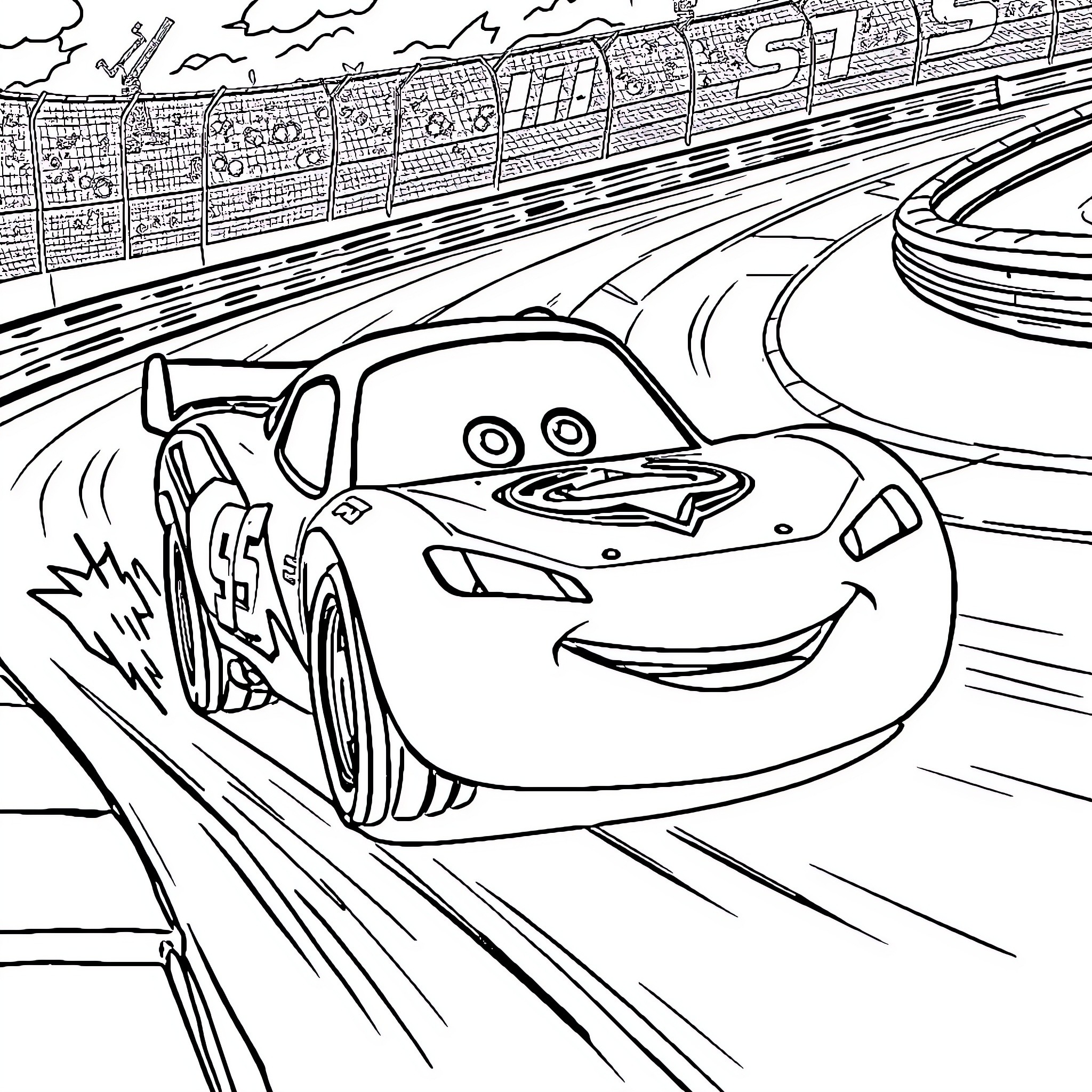 Lightning McQueen racing on the track Coloring Page (free black-and-white line drawing printable PDF for all, from beginners to advanced learners, including children, teens, adults, and seniors)