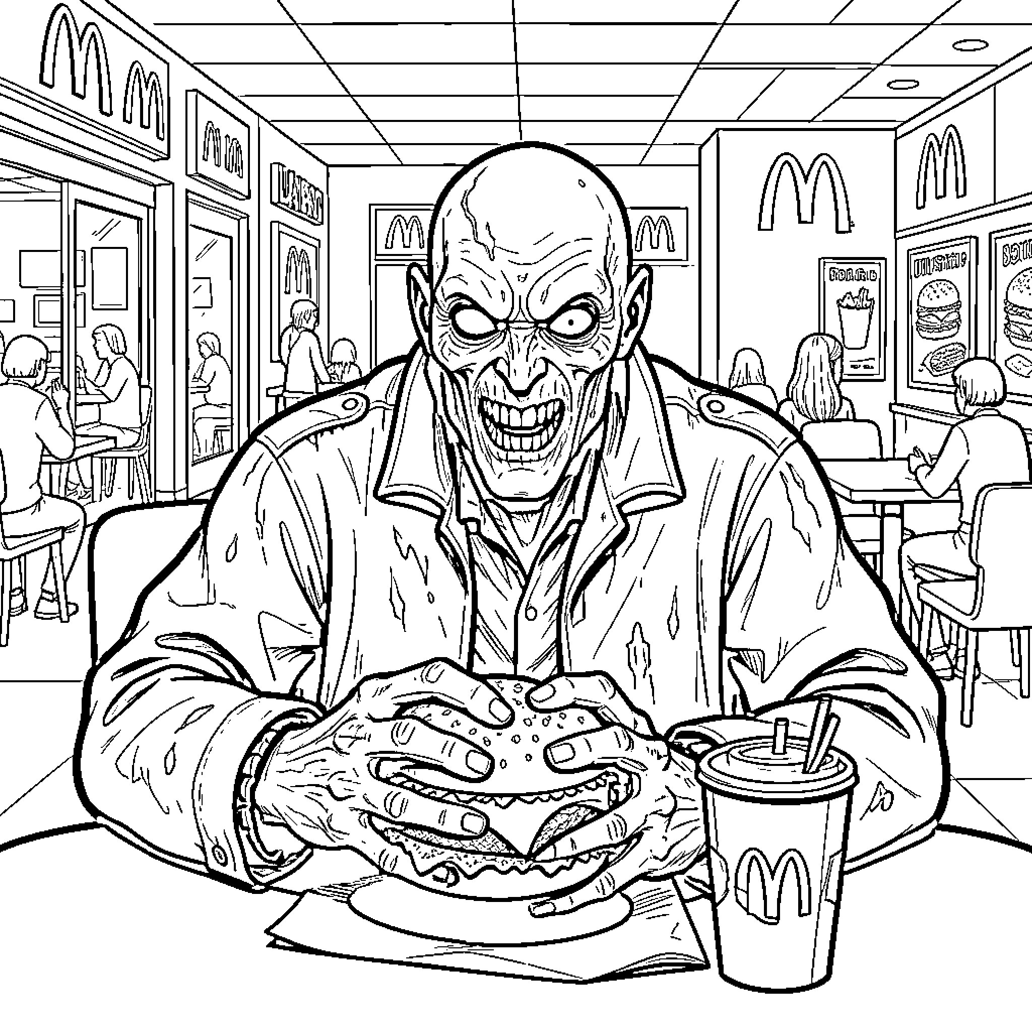 Demogorgon grinning wildly while eating a large burger Coloring Page (free black-and-white line drawing printable PDF for all, from beginners to advanced learners, including children, teens, adults, and seniors)