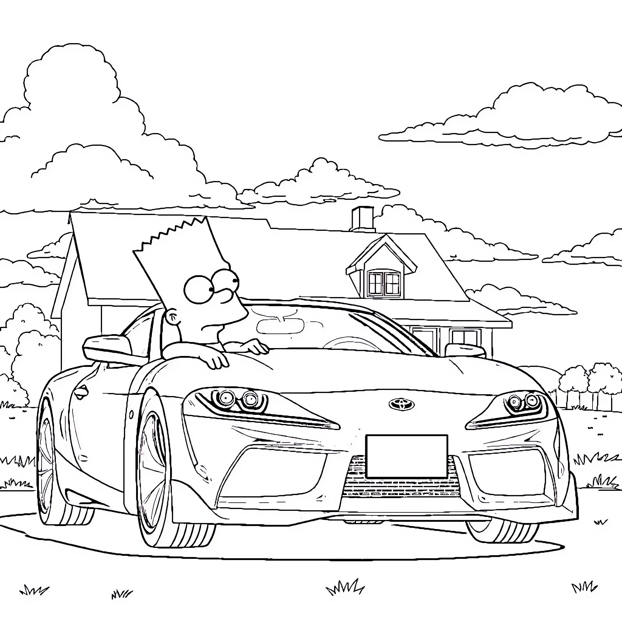 Bart Simpson's Automotive Adventure Coloring Page (free black-and-white line drawing printable PDF for all, from beginners to advanced learners, including children, teens, adults, and seniors)