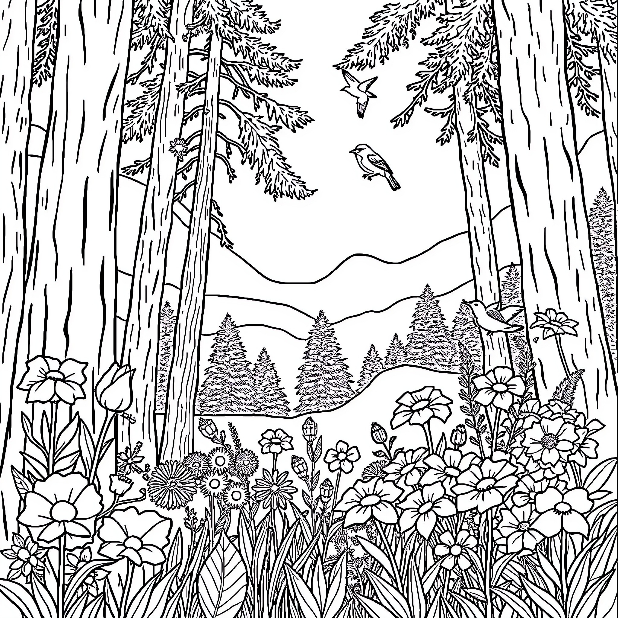 Nature's Enchanting Forest Scenery Coloring Page (free black-and-white line drawing printable PDF for all, from beginners to advanced learners, including children, teens, adults, and seniors)