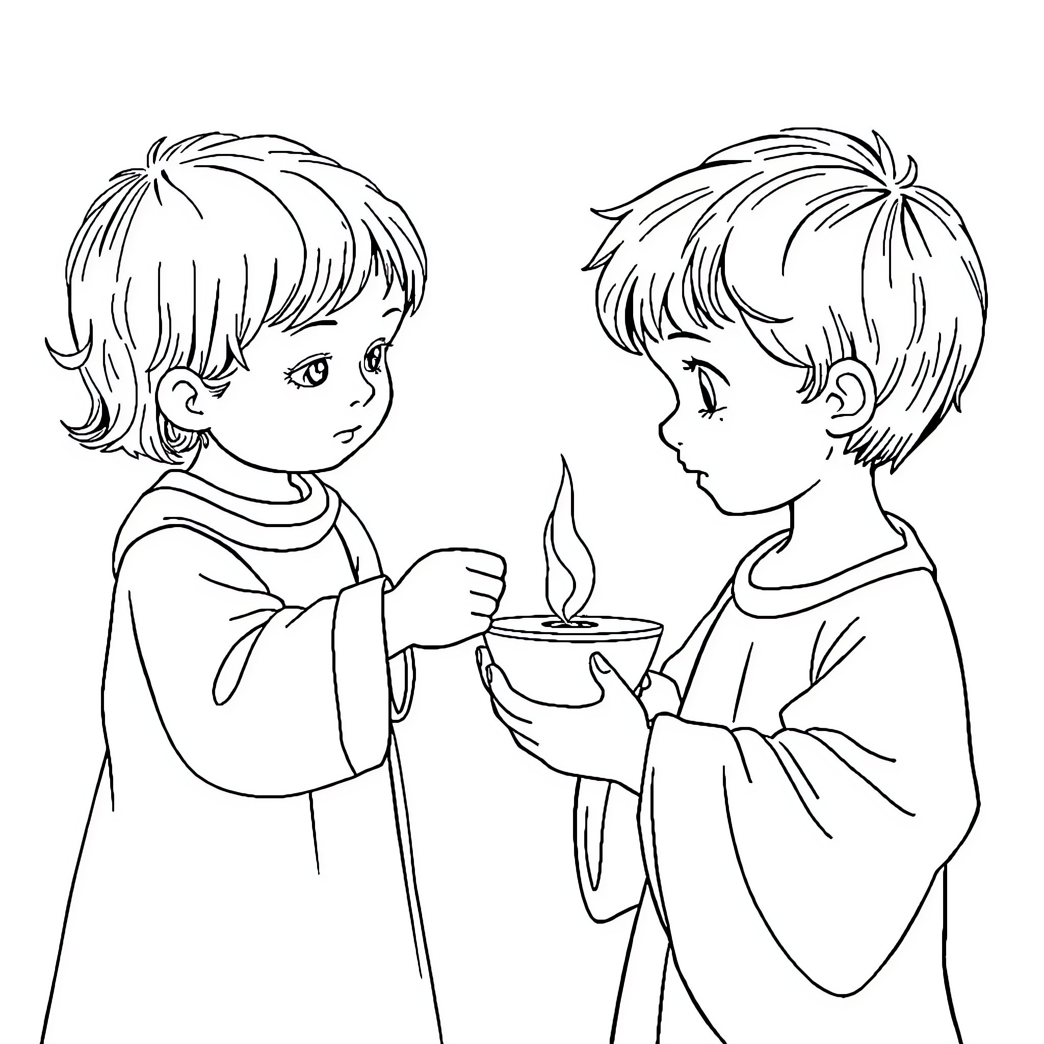 Child friends sharing a warm drink Coloring Page (free black-and-white line drawing printable PDF for all, from beginners to advanced learners, including children, teens, adults, and seniors)