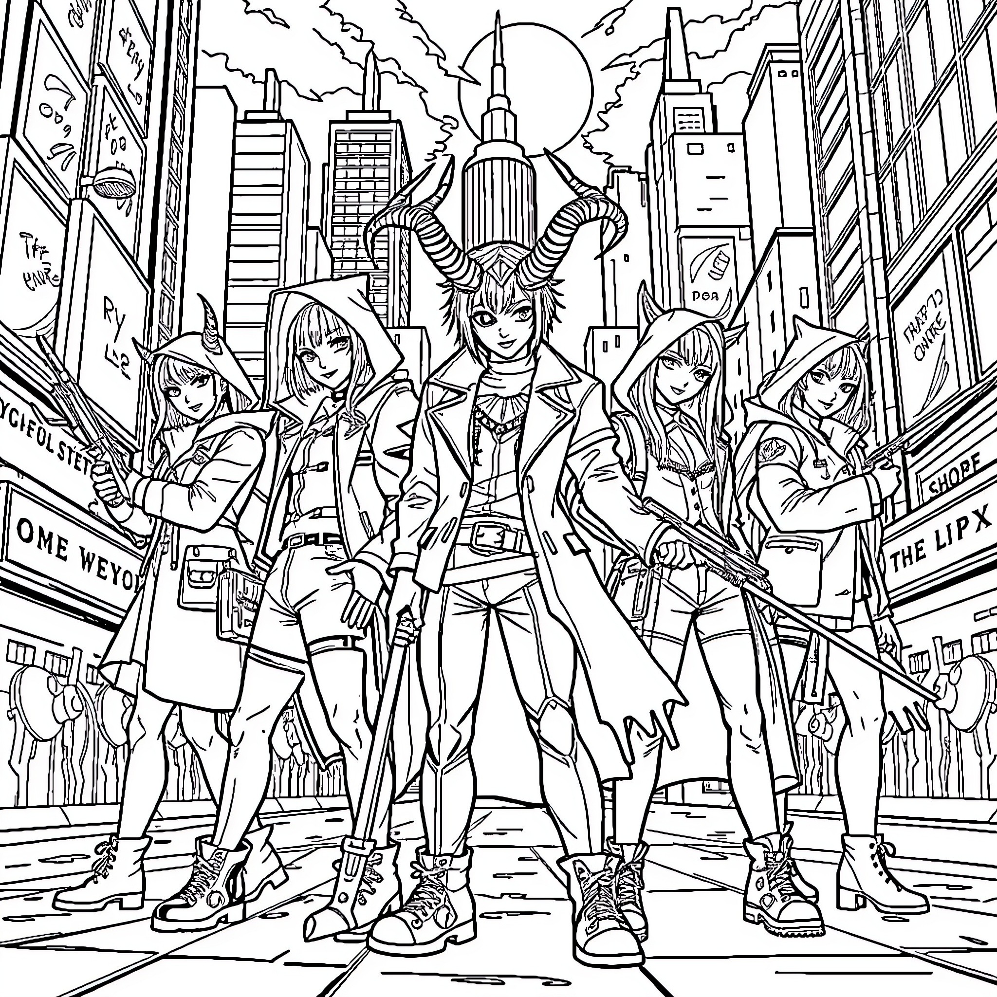 Demon Hunter Squad in Urban Cityscape Coloring Page (free black-and-white line drawing printable PDF for all, from beginners to advanced learners, including children, teens, adults, and seniors)
