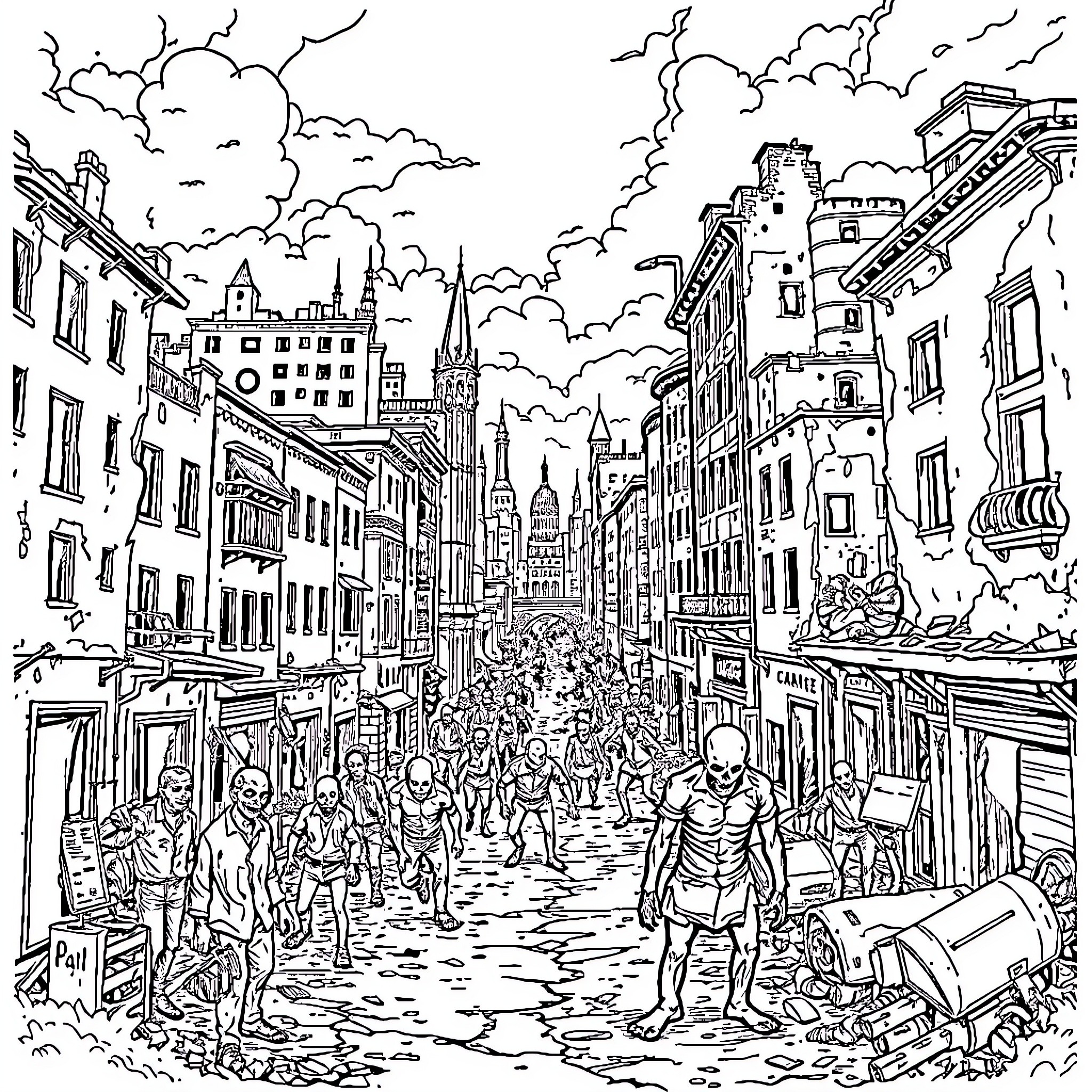 Zombie Invasion of the City Streets Coloring Page (free black-and-white line drawing printable PDF for all, from beginners to advanced learners, including children, teens, adults, and seniors)