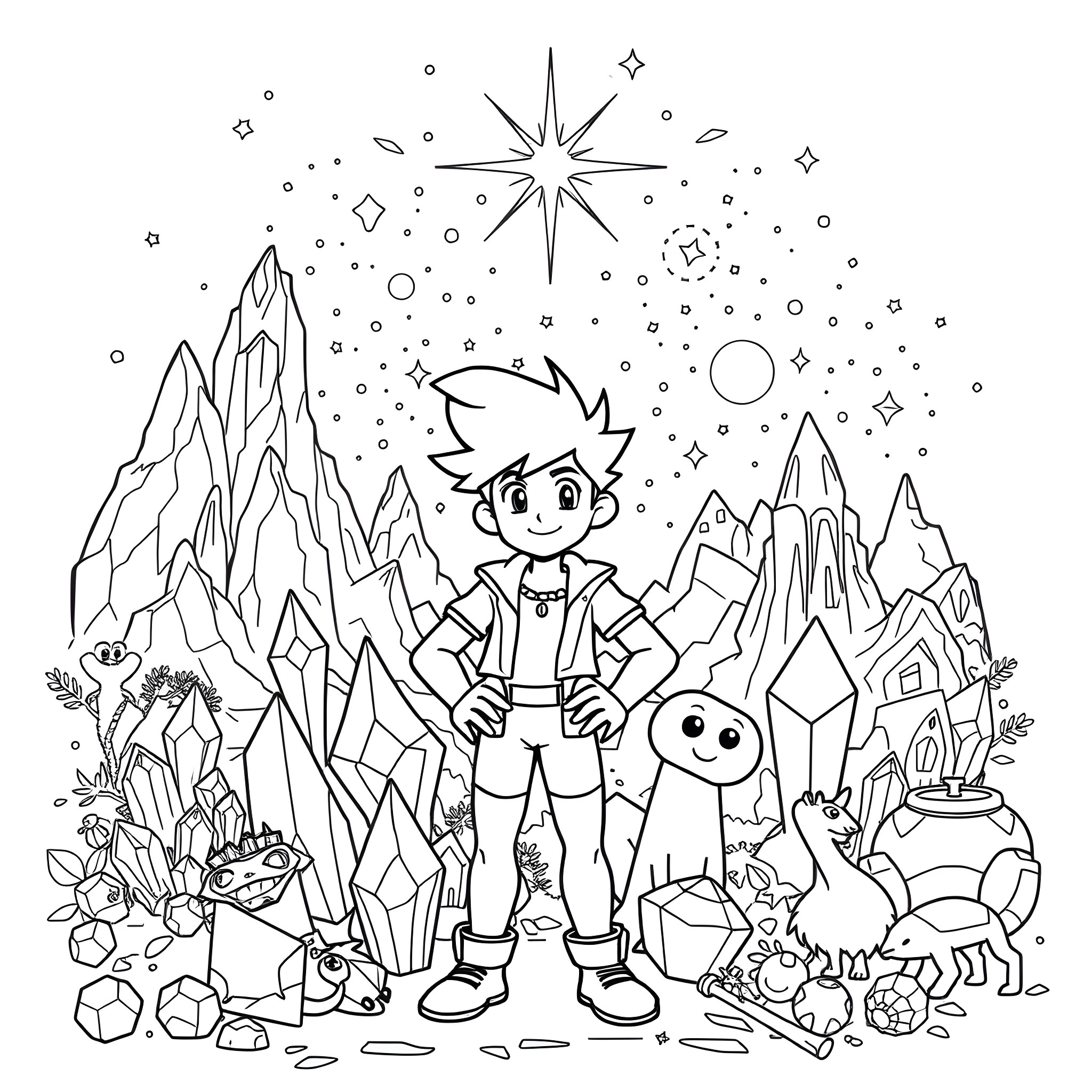 Steven Universe Explores Magical Crystal Landscape Coloring Page (free black-and-white line drawing printable PDF for all, from beginners to advanced learners, including children, teens, adults, and seniors)