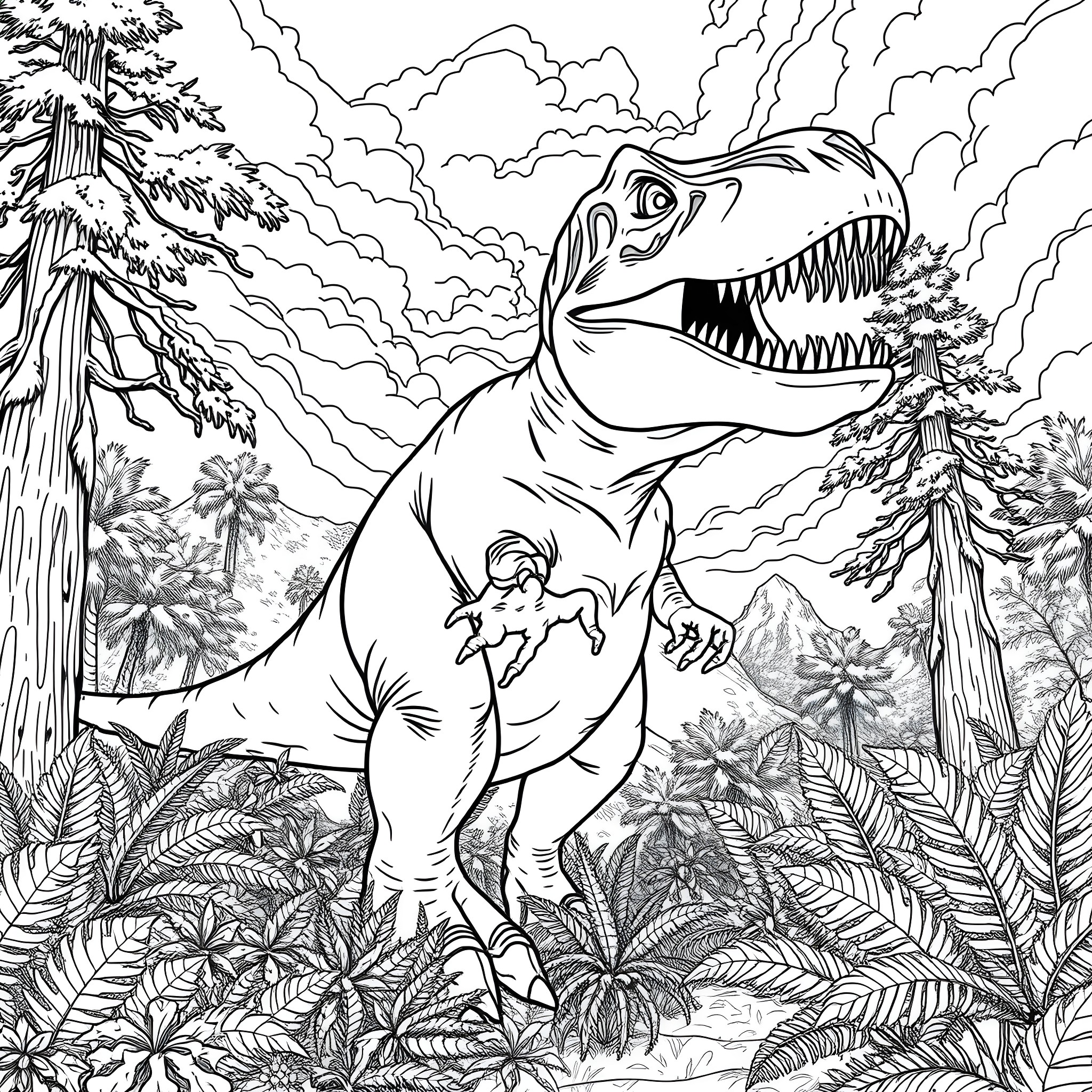 Tyrannosaurus Rex Roaring in Prehistoric Jungle Landscape Coloring Page (free black-and-white line drawing printable PDF for all, from beginners to advanced learners, including children, teens, adults, and seniors)