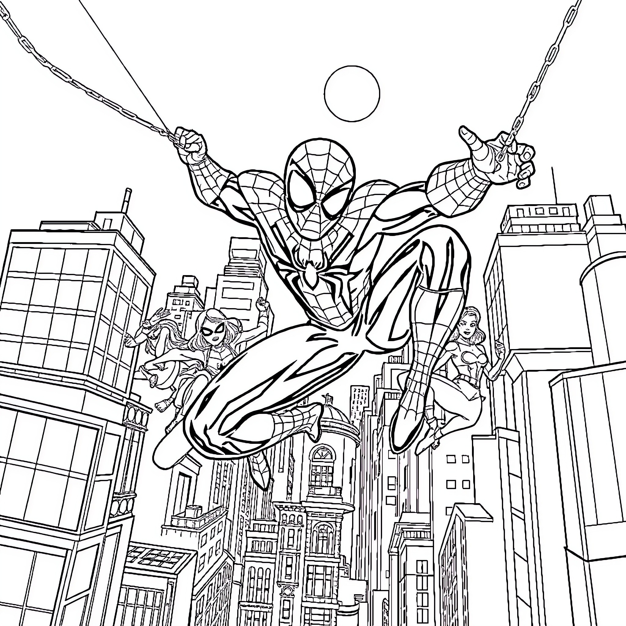 Spiderman swinging through the city skyline Coloring Page (free black-and-white line drawing printable PDF for all, from beginners to advanced learners, including children, teens, adults, and seniors)