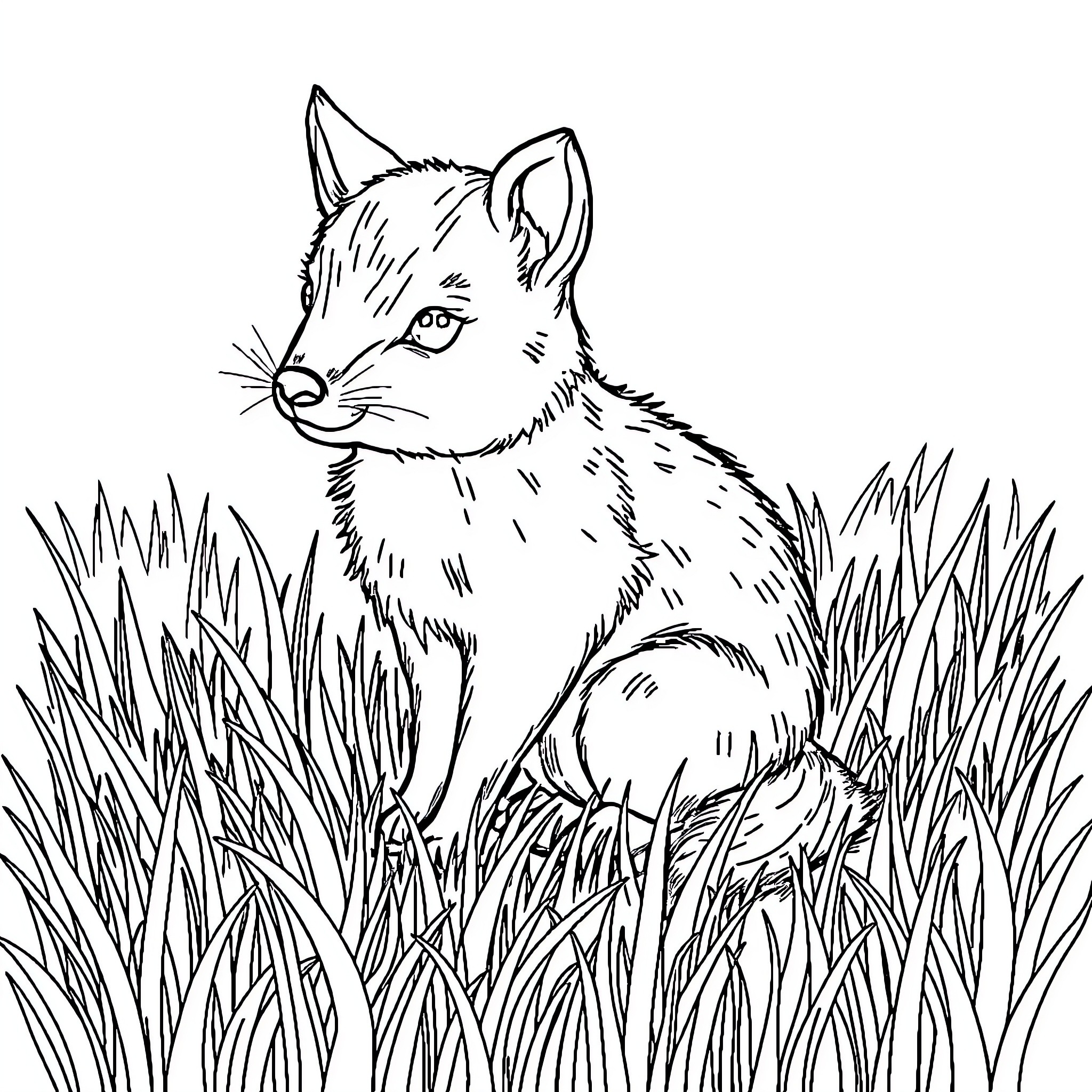Animal sitting in tall grass Coloring Page (free black-and-white line drawing printable PDF for all, from beginners to advanced learners, including children, teens, adults, and seniors)