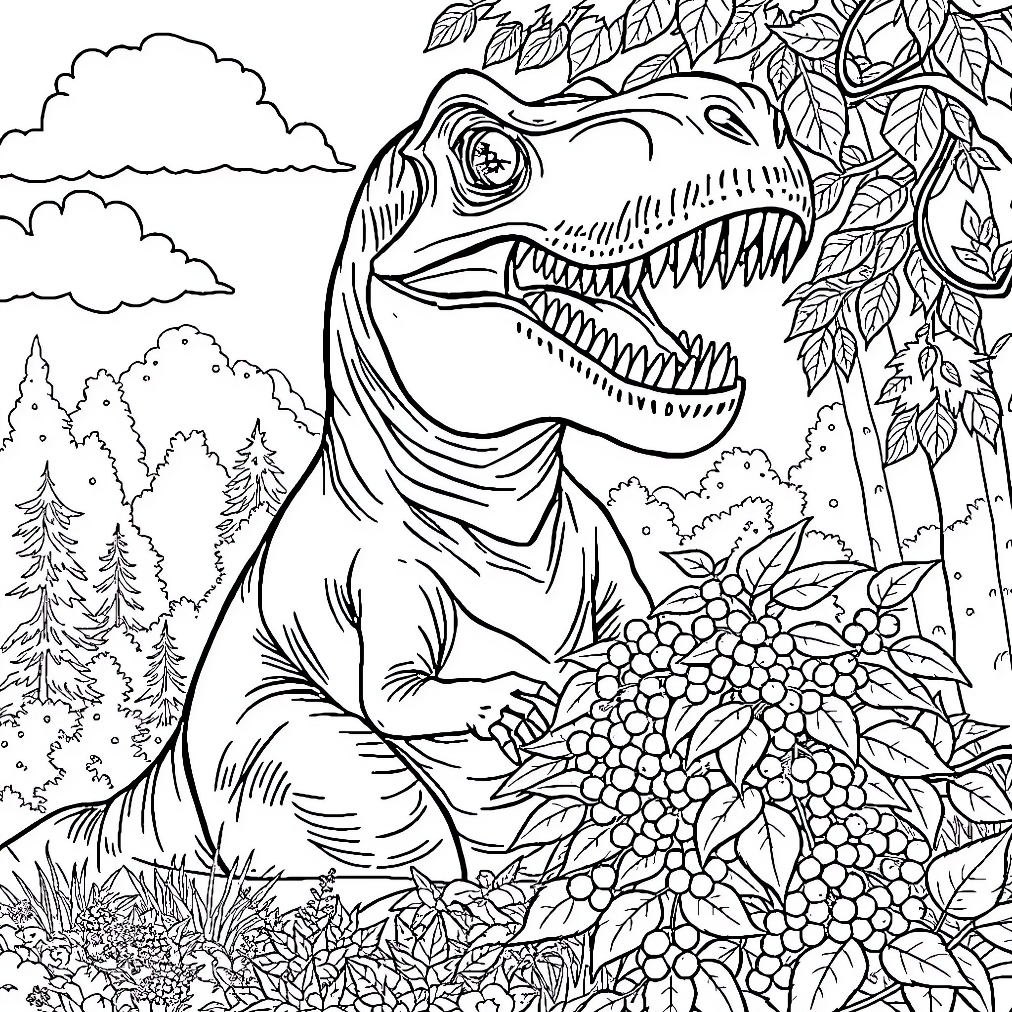 T-Rex exploring the lush forest landscape Coloring Page (free black-and-white line drawing printable PDF for all, from beginners to advanced learners, including children, teens, adults, and seniors)