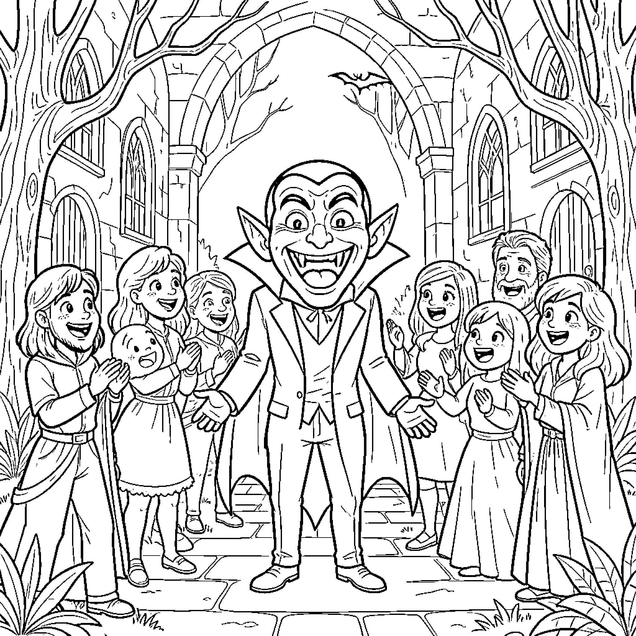 Vampire smiling while surrounded by a group of children Coloring Page (free black-and-white line drawing printable PDF for all, from beginners to advanced learners, including children, teens, adults, and seniors)