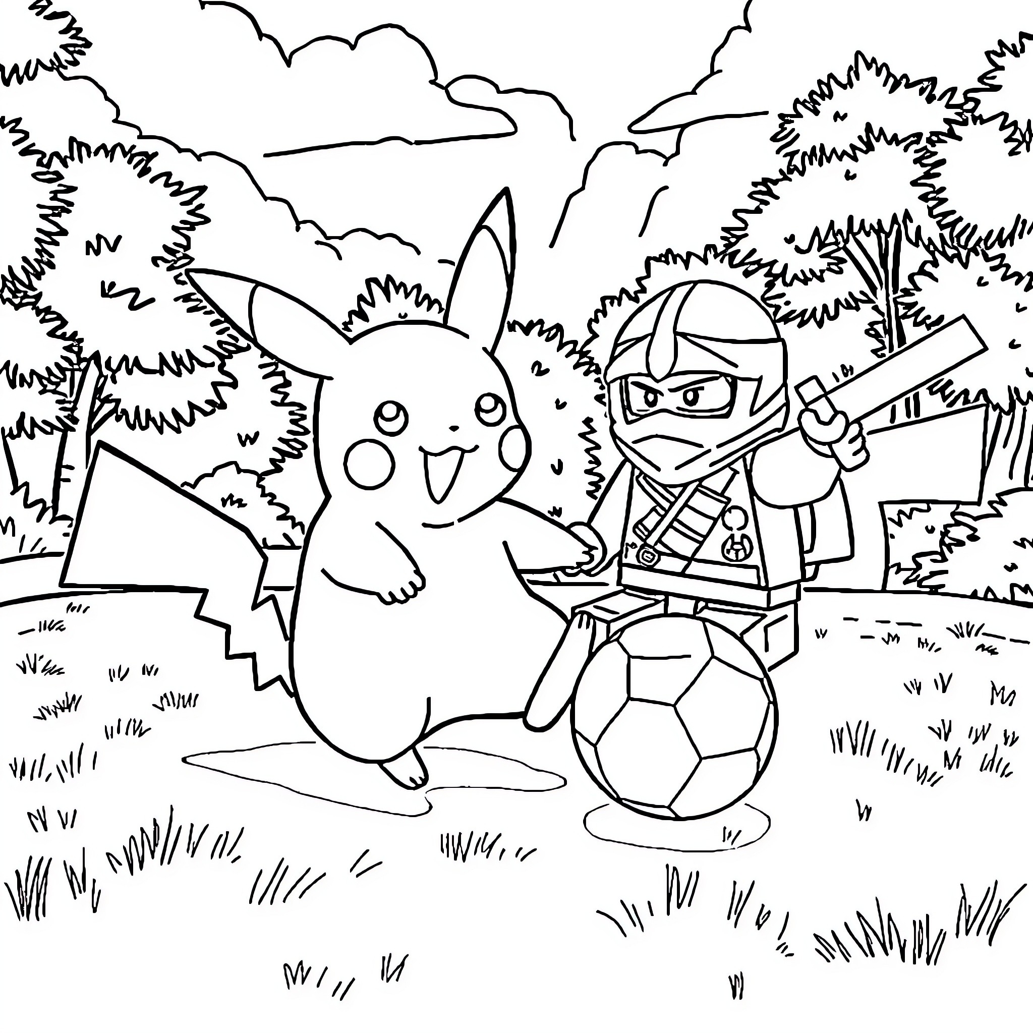 Pikachu playing soccer with ninja character in the forest Coloring Page (free black-and-white line drawing printable PDF for all, from beginners to advanced learners, including children, teens, adults, and seniors)