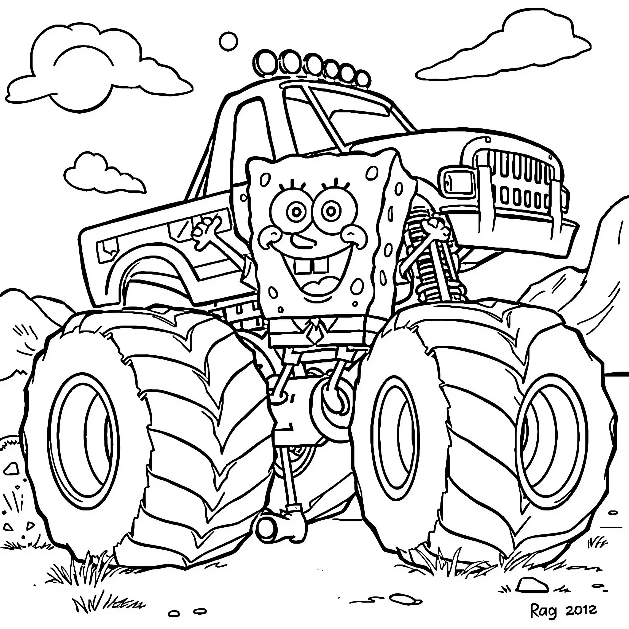 Spongebob driving a monster truck through the outdoors Coloring Page (free black-and-white line drawing printable PDF for all, from beginners to advanced learners, including children, teens, adults, and seniors)