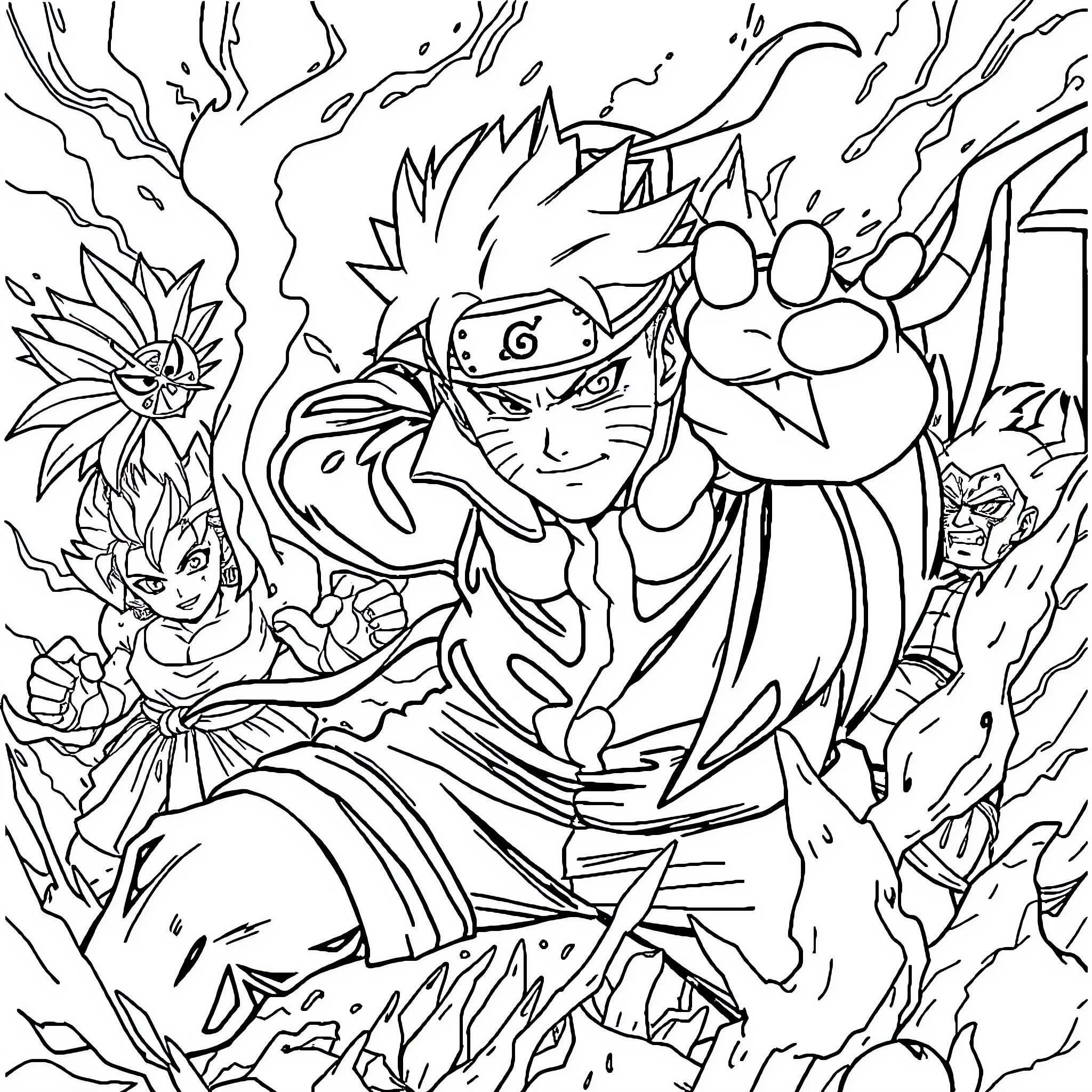 Naruto characters in action-packed scene Coloring Page (free black-and-white line drawing printable PDF for all, from beginners to advanced learners, including children, teens, adults, and seniors)