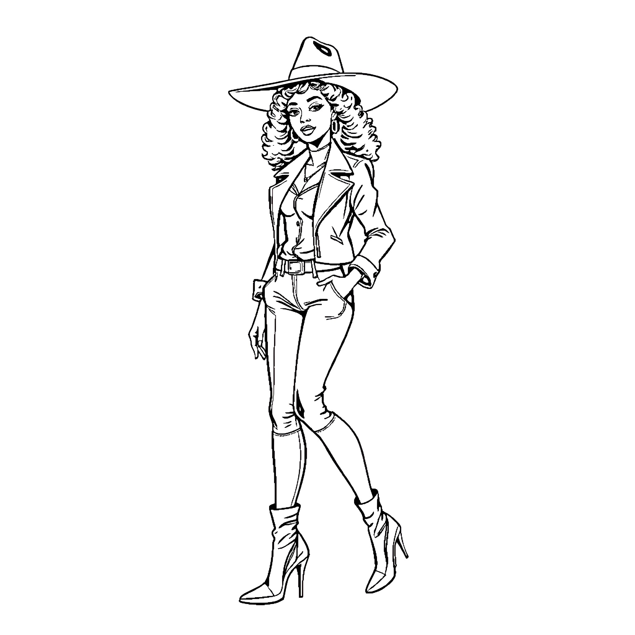 Woman in stylish western outfit Coloring Page (free black-and-white line drawing printable PDF for all, from beginners to advanced learners, including children, teens, adults, and seniors)