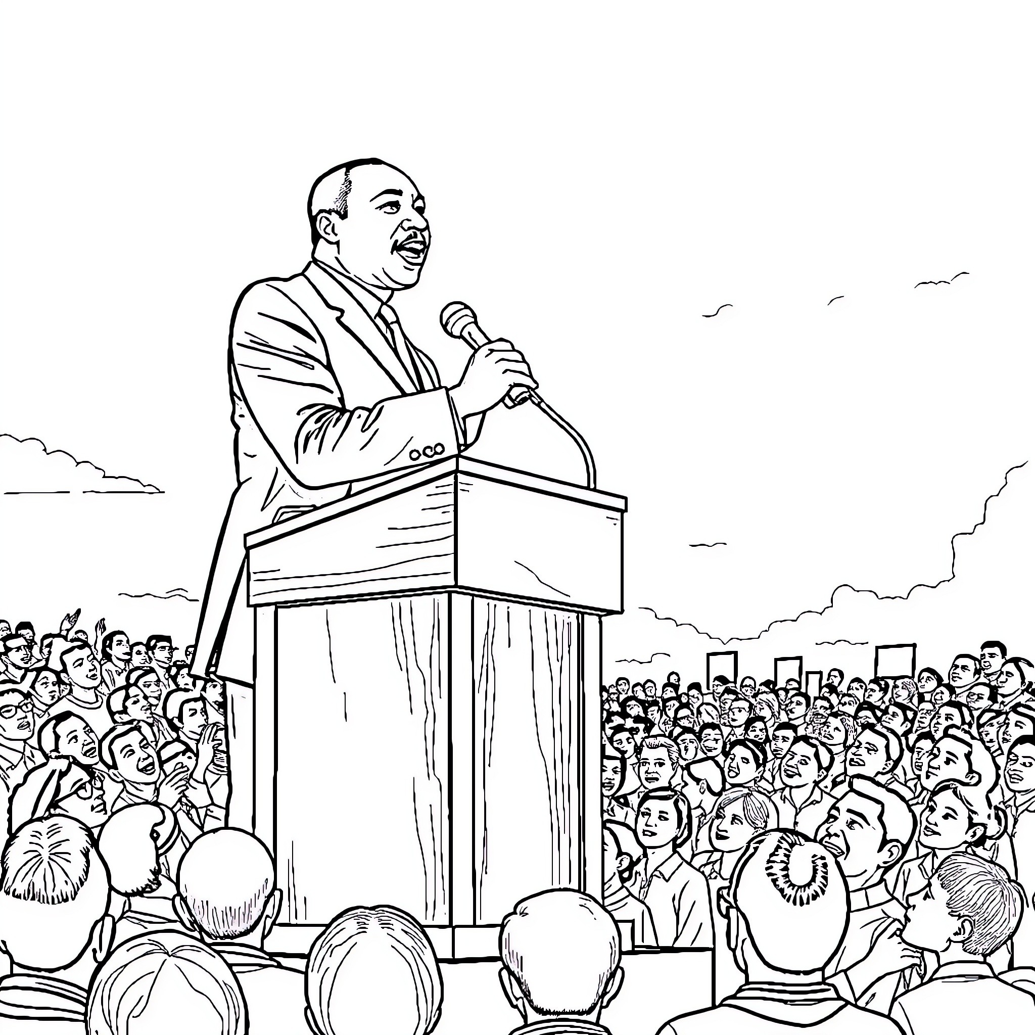 Martin Luther King Jr. Delivering Powerful Speech to Crowd Coloring Page (free black-and-white line drawing printable PDF for all, from beginners to advanced learners, including children, teens, adults, and seniors)
