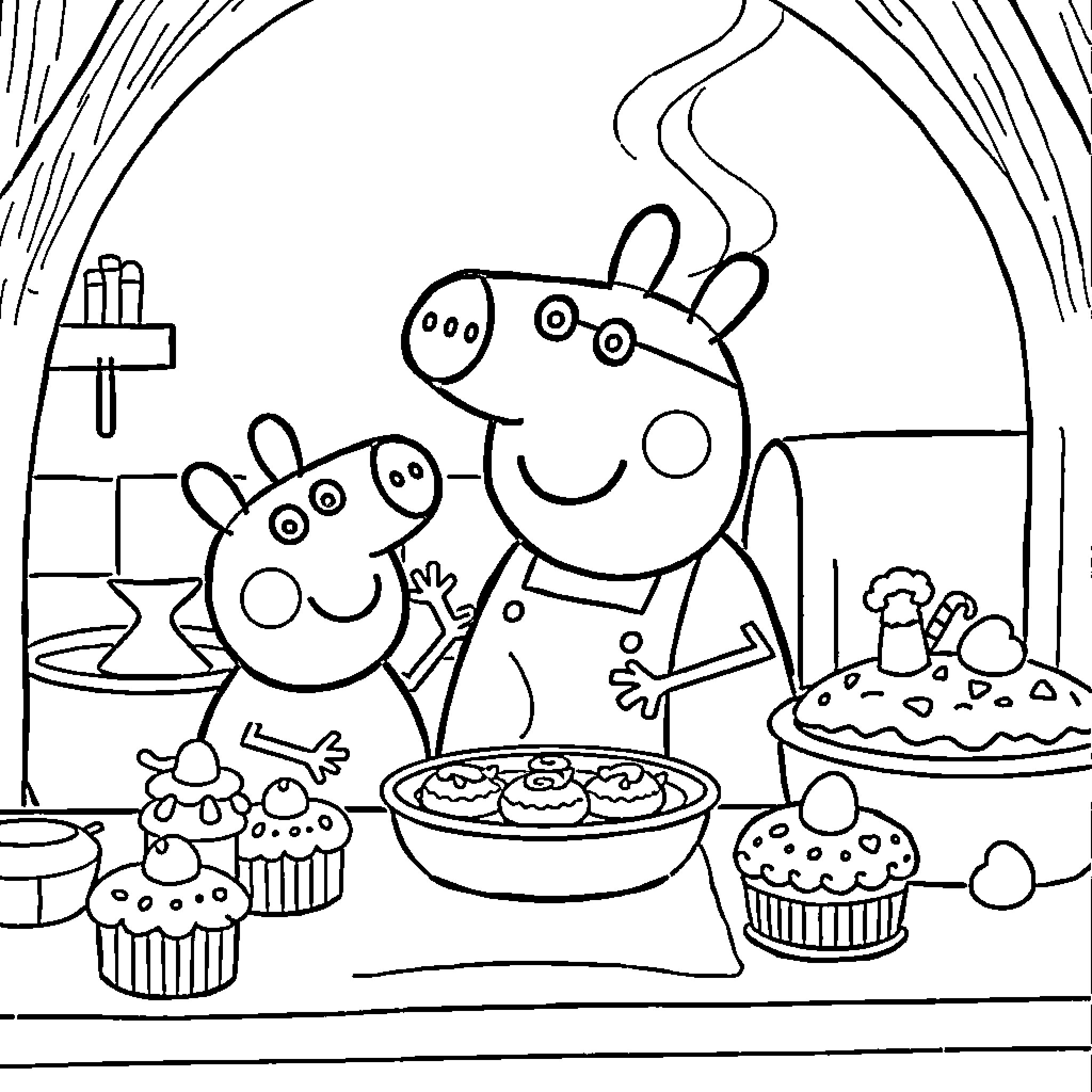 Peppa Pig and family enjoying baking treats Coloring Page (free black-and-white line drawing printable PDF for all, from beginners to advanced learners, including children, teens, adults, and seniors)