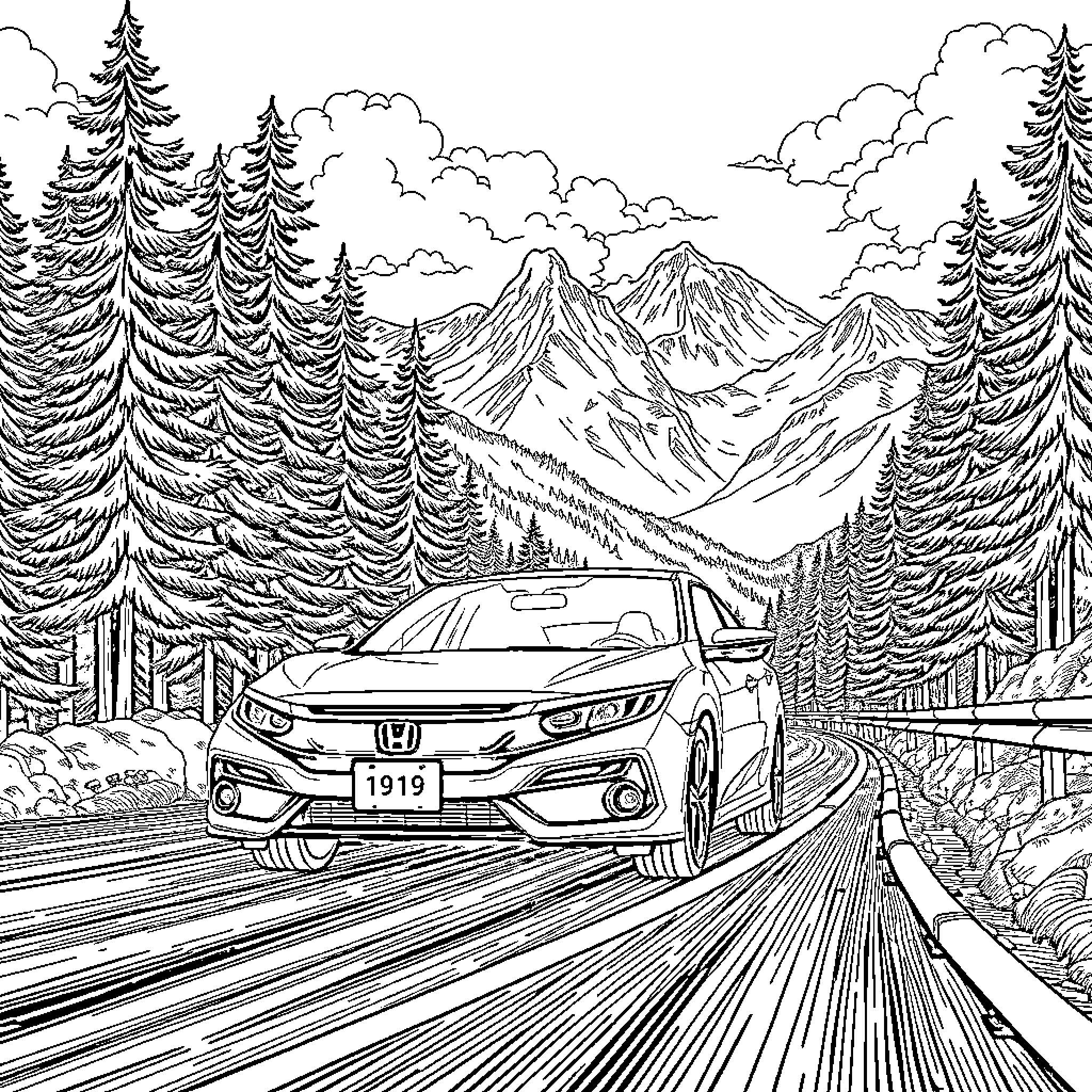 Honda Civic driving through scenic mountain landscape Coloring Page (free black-and-white line drawing printable PDF for all, from beginners to advanced learners, including children, teens, adults, and seniors)
