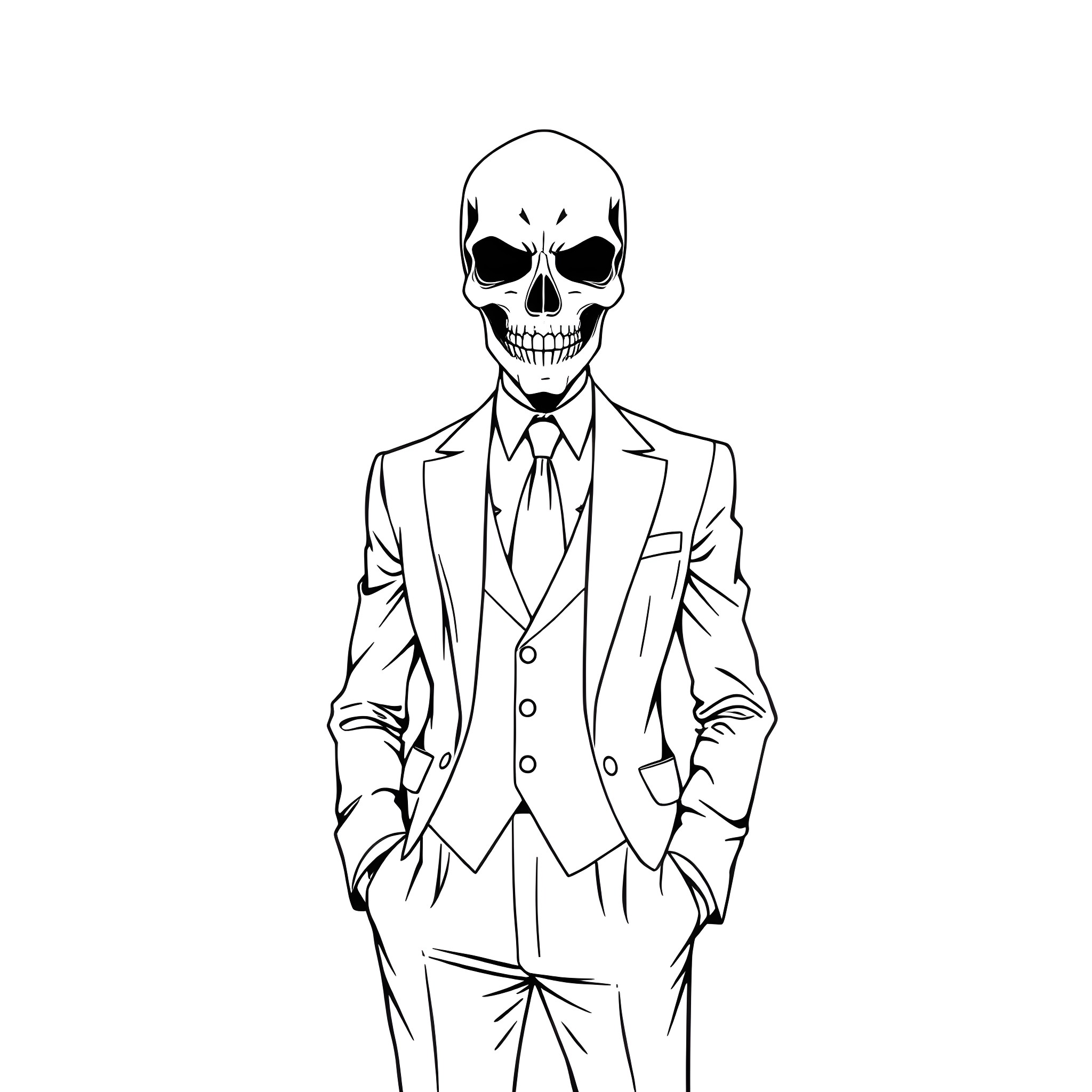 Masked Figure in Formal Attire Coloring Page (free black-and-white line drawing printable PDF for all, from beginners to advanced learners, including children, teens, adults, and seniors)