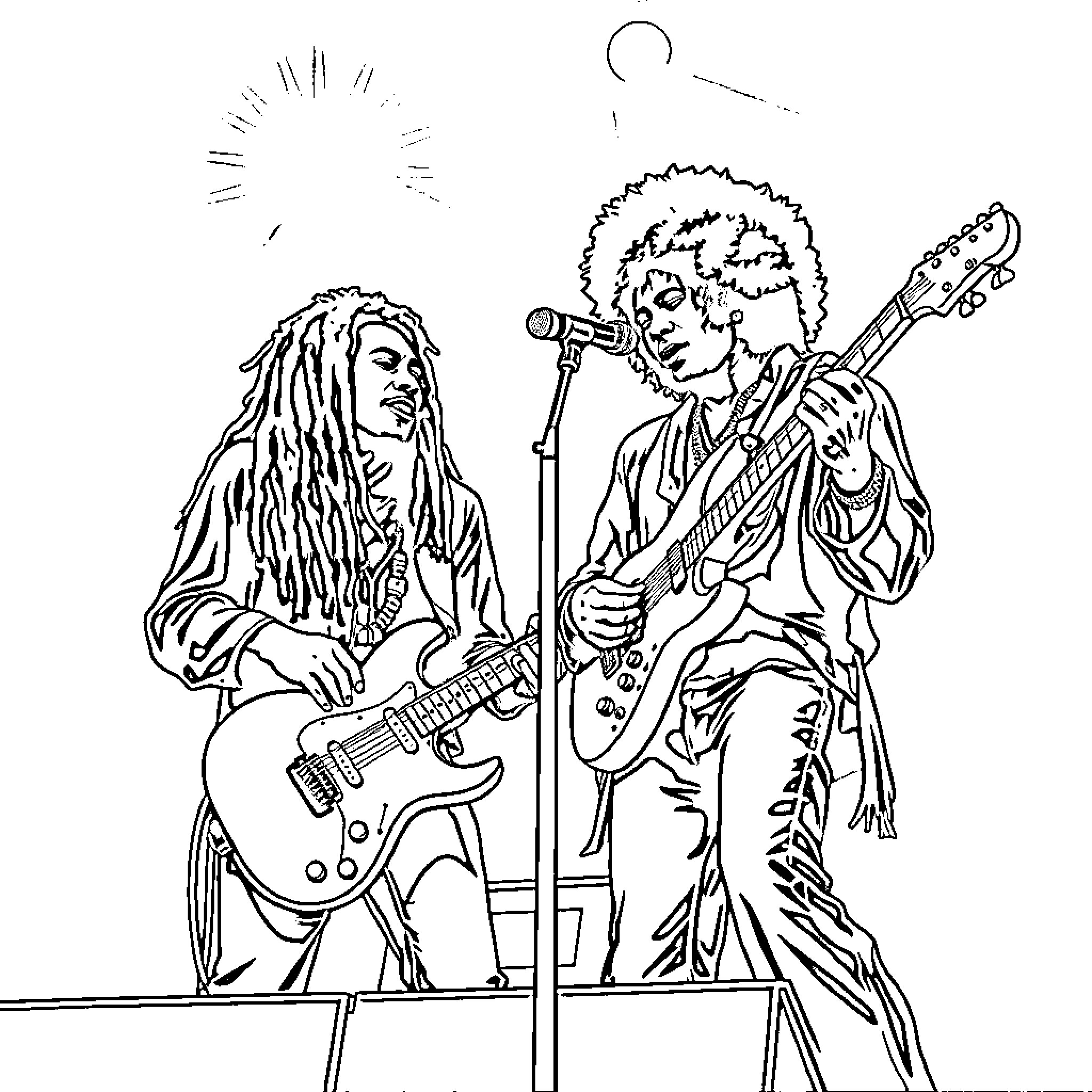 Bob Marley and his bandmate performing on stage Coloring Page (free black-and-white line drawing printable PDF for all, from beginners to advanced learners, including children, teens, adults, and seniors)