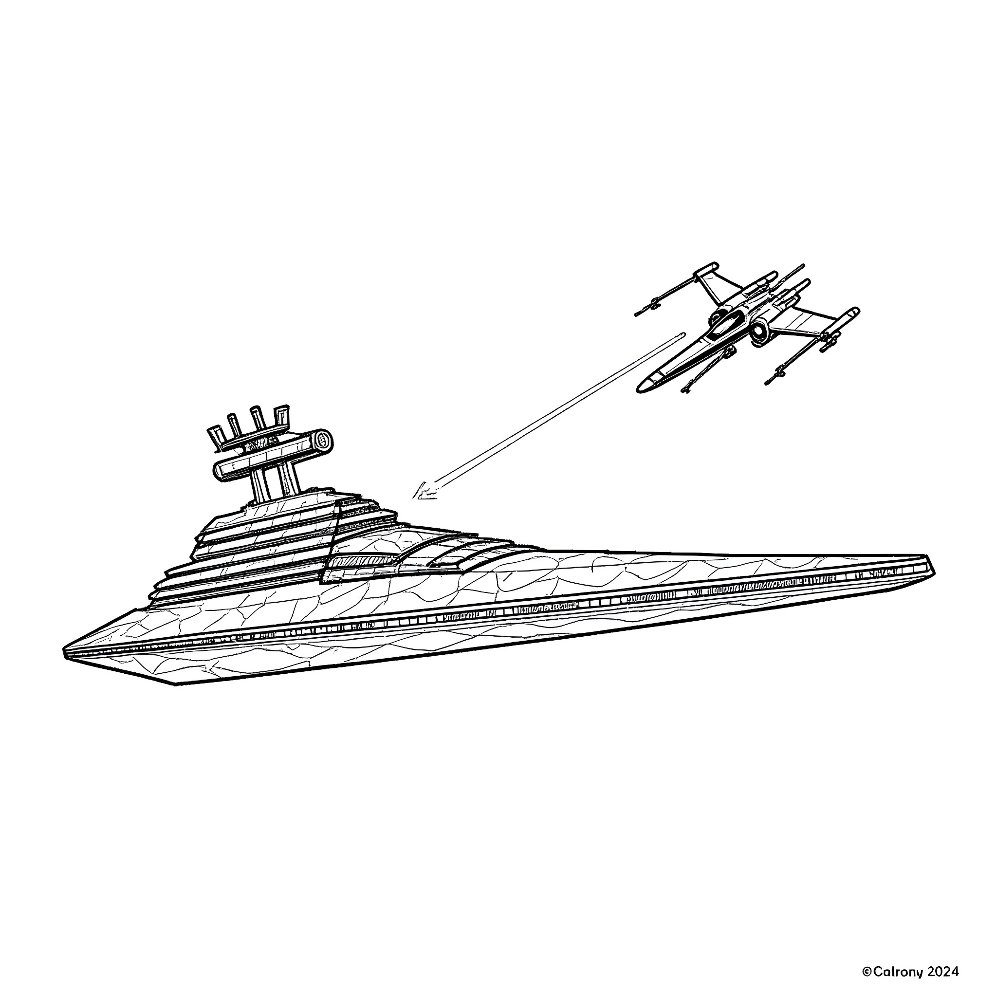 Star Destroyer launches X-wing fighters into battle Coloring Page (free black-and-white line drawing printable PDF for all, from beginners to advanced learners, including children, teens, adults, and seniors)