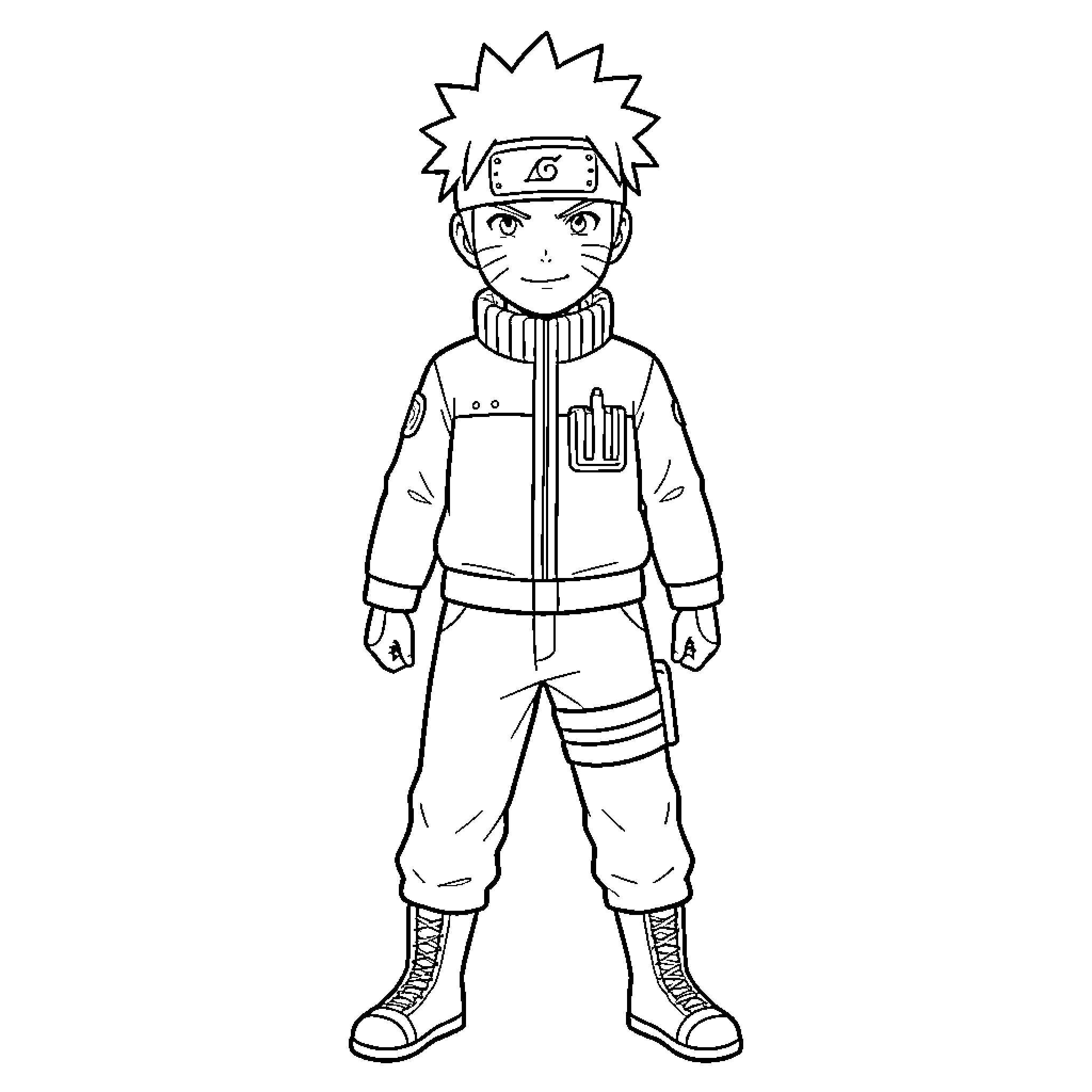 Naruto in Action Pose with Ninja Attire Coloring Page (free black-and-white line drawing printable PDF for all, from beginners to advanced learners, including children, teens, adults, and seniors)