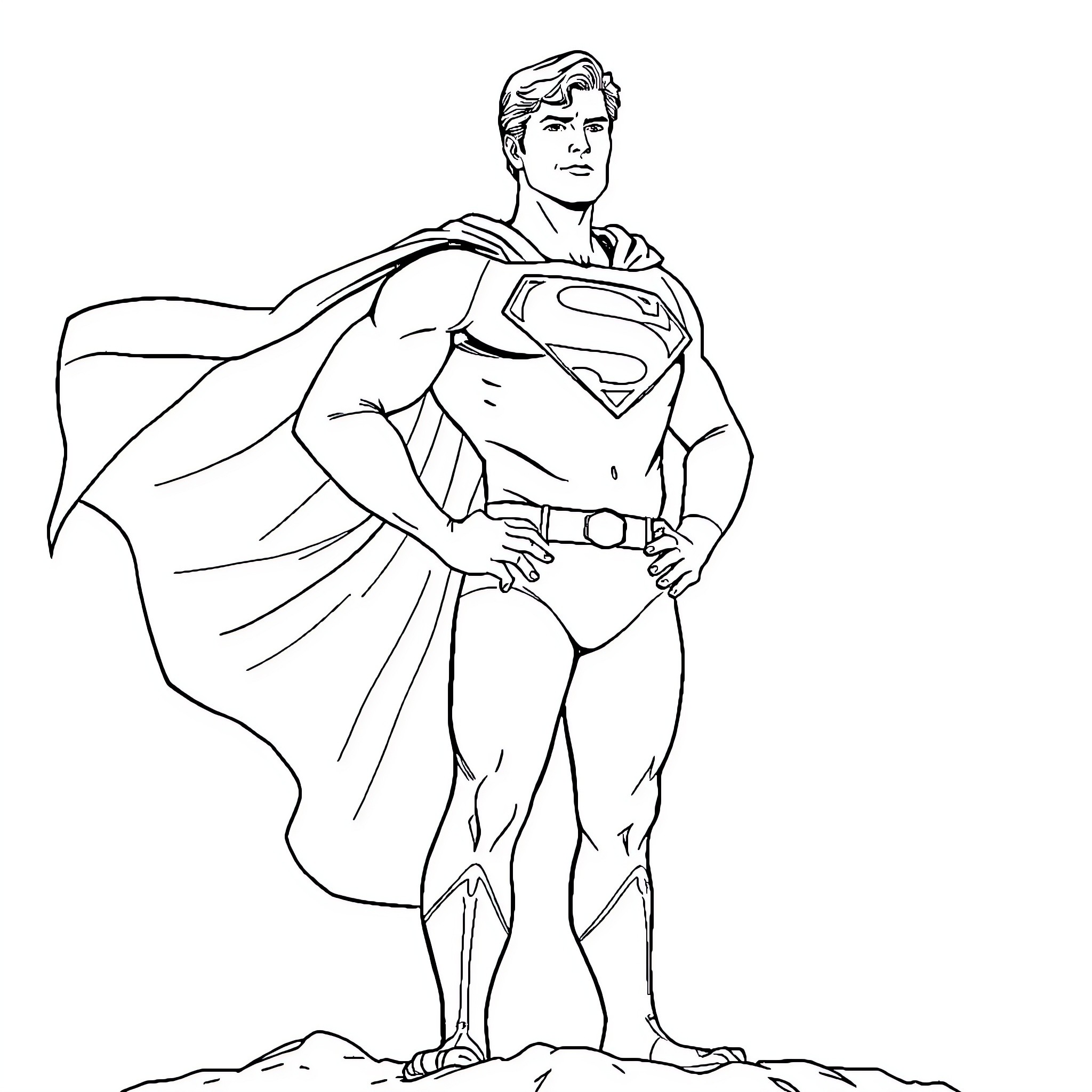 Superman in heroic stance with flowing cape Coloring Page (free black-and-white line drawing printable PDF for all, from beginners to advanced learners, including children, teens, adults, and seniors)