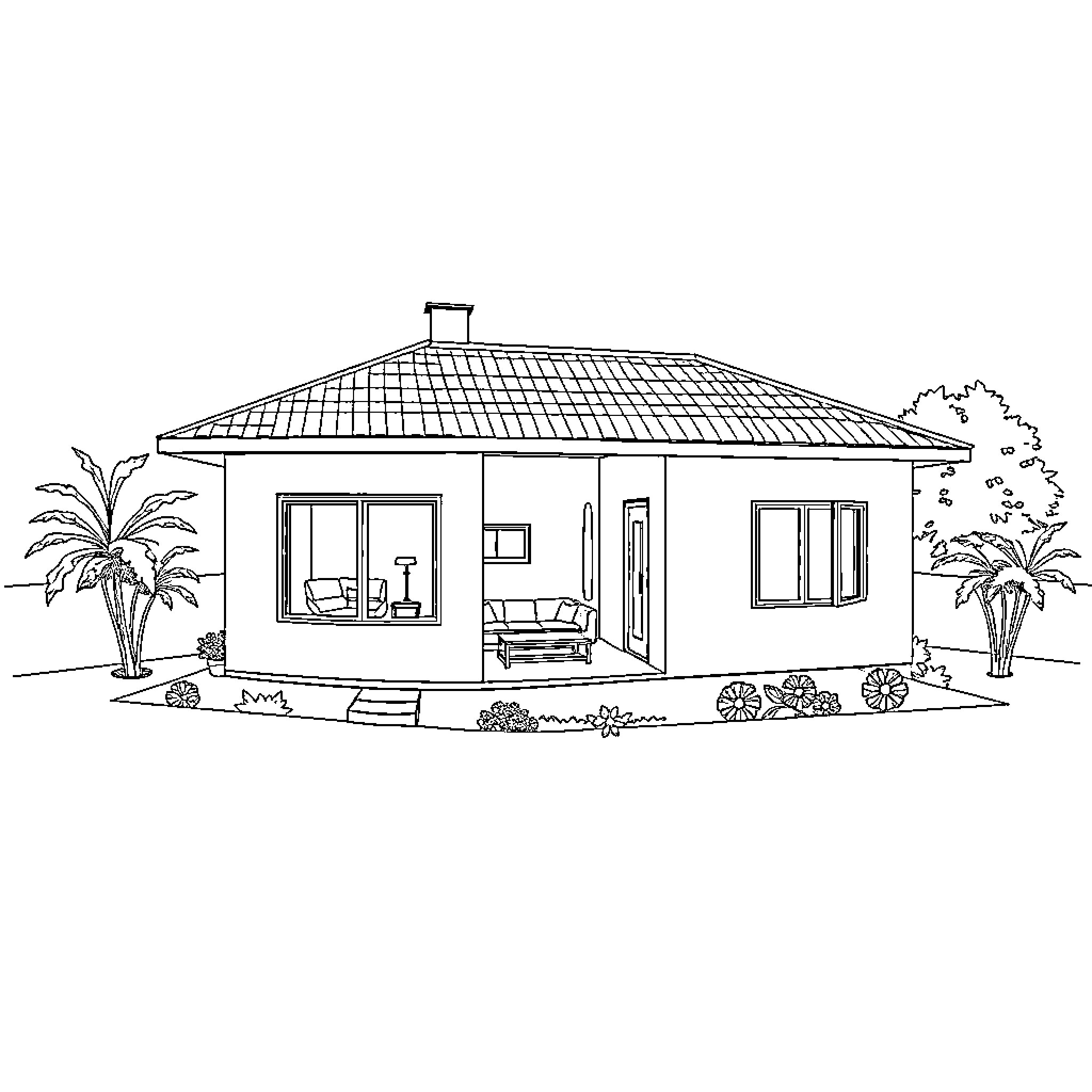 House Plant Sketch of a Cozy Suburban Home Coloring Page (free black-and-white line drawing printable PDF for all, from beginners to advanced learners, including children, teens, adults, and seniors)