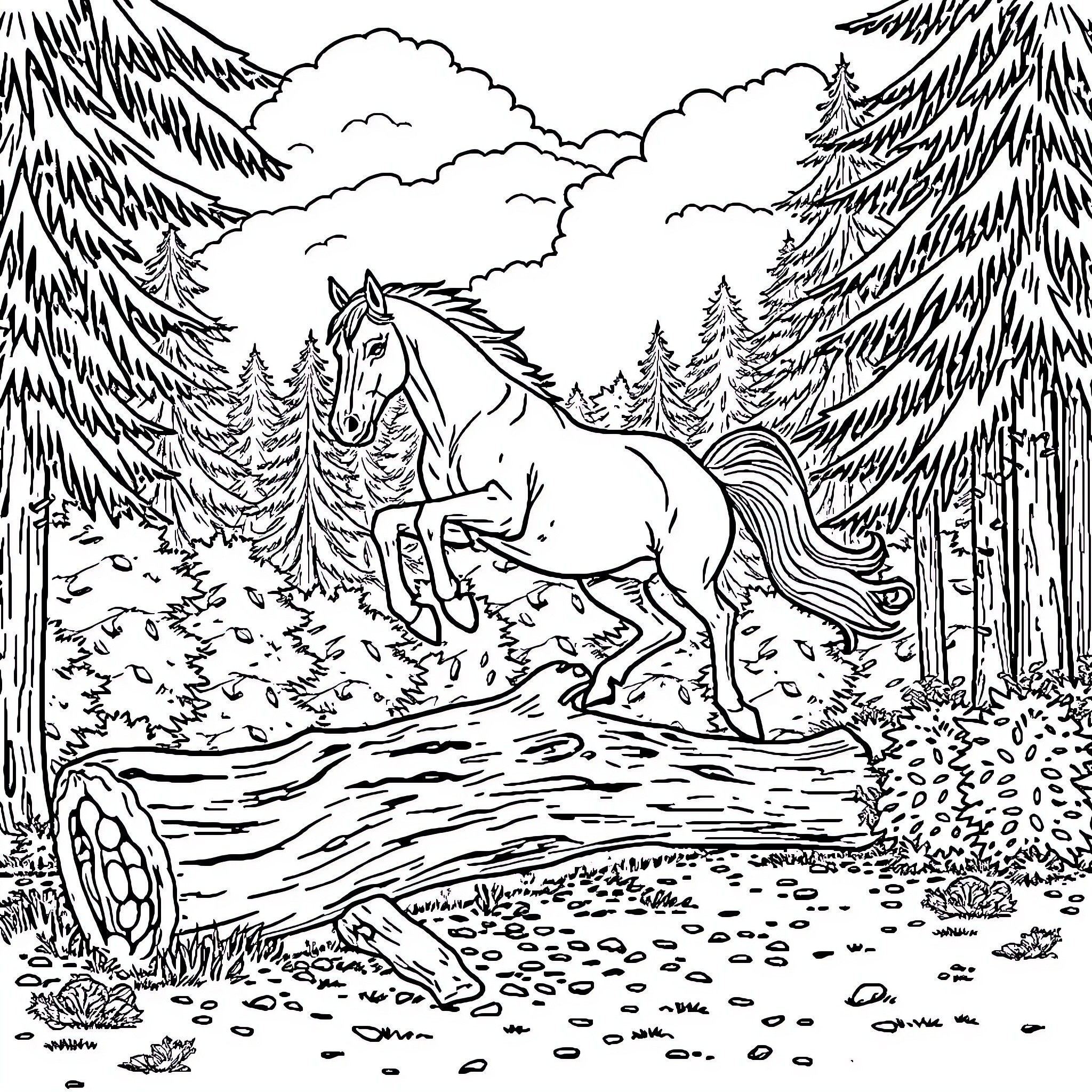 Horse galloping through the magical forest Coloring Page (free black-and-white line drawing printable PDF for all, from beginners to advanced learners, including children, teens, adults, and seniors)