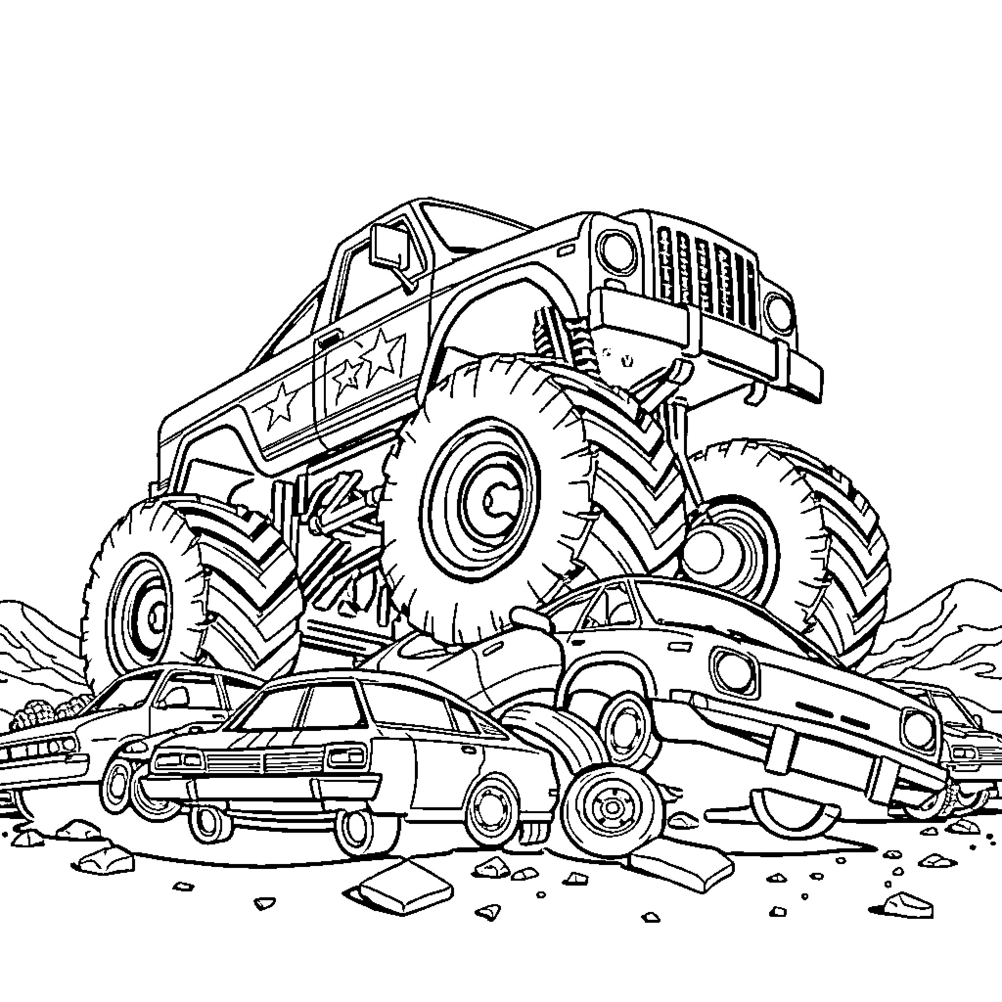 Monster Truck crushing small cars in off-road scene Coloring Page (free black-and-white line drawing printable PDF for all, from beginners to advanced learners, including children, teens, adults, and seniors)