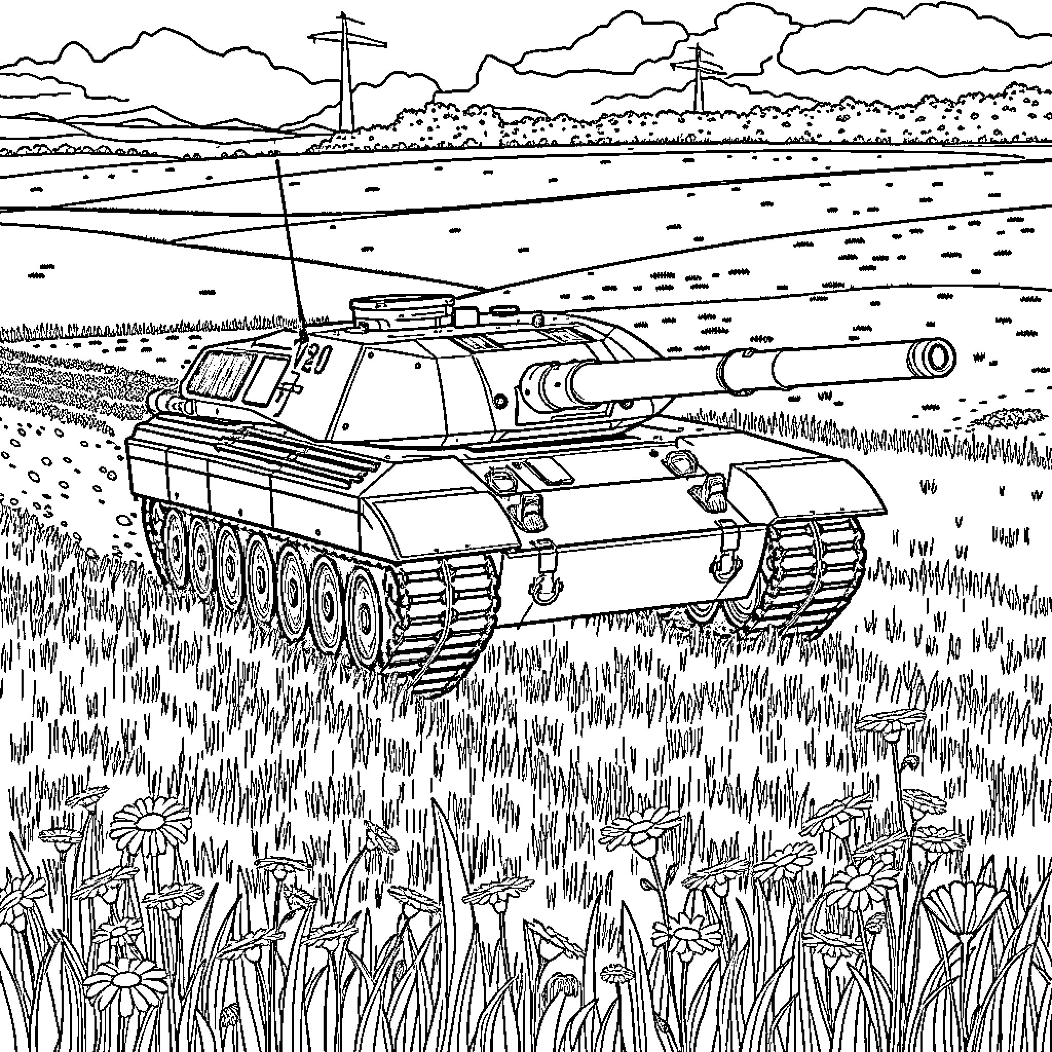 Cv90 tank in grassy field with cloudy sky Coloring Page (free black-and-white line drawing printable PDF for all, from beginners to advanced learners, including children, teens, adults, and seniors)