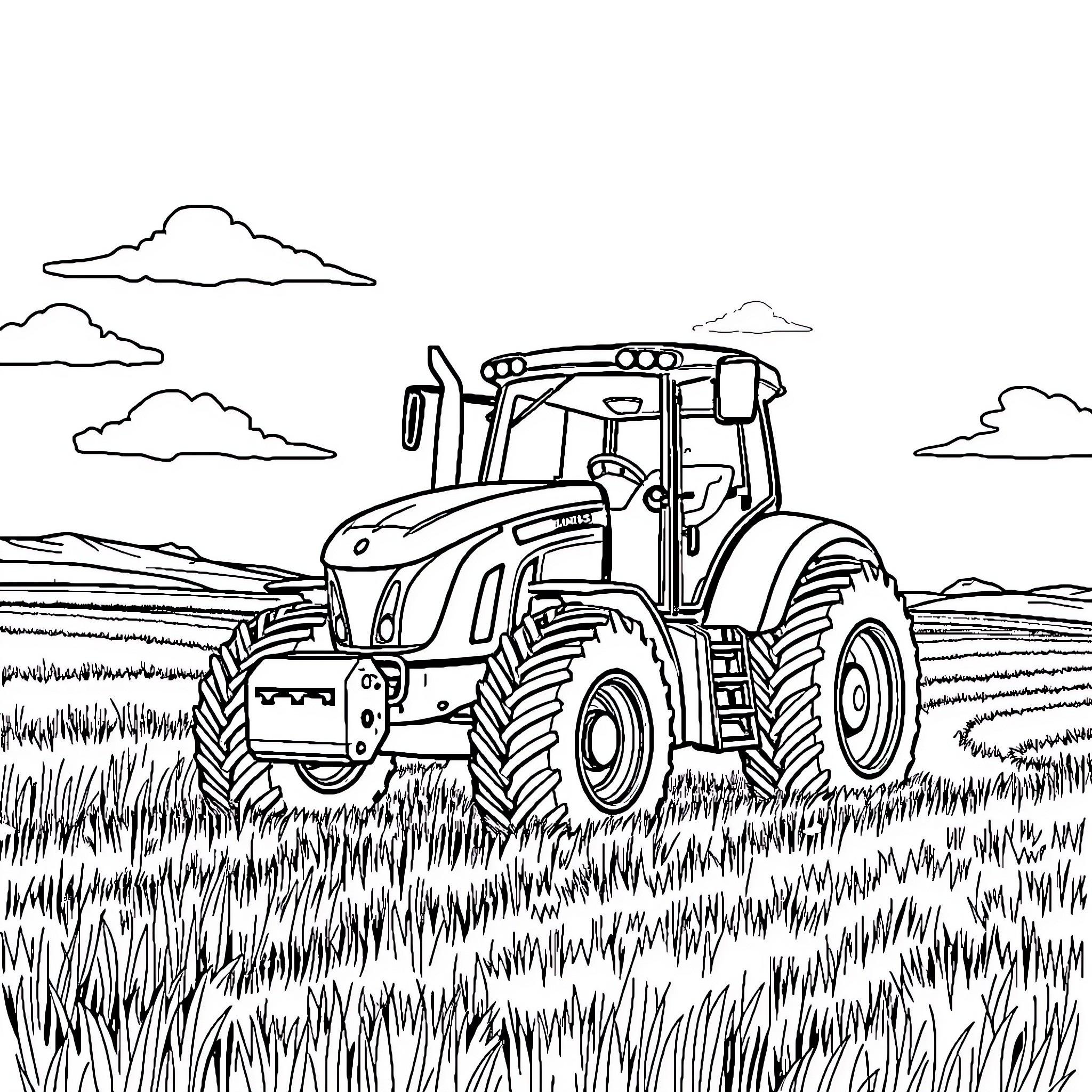 Tractor plowing through a grassy field Coloring Page (free black-and-white line drawing printable PDF for all, from beginners to advanced learners, including children, teens, adults, and seniors)