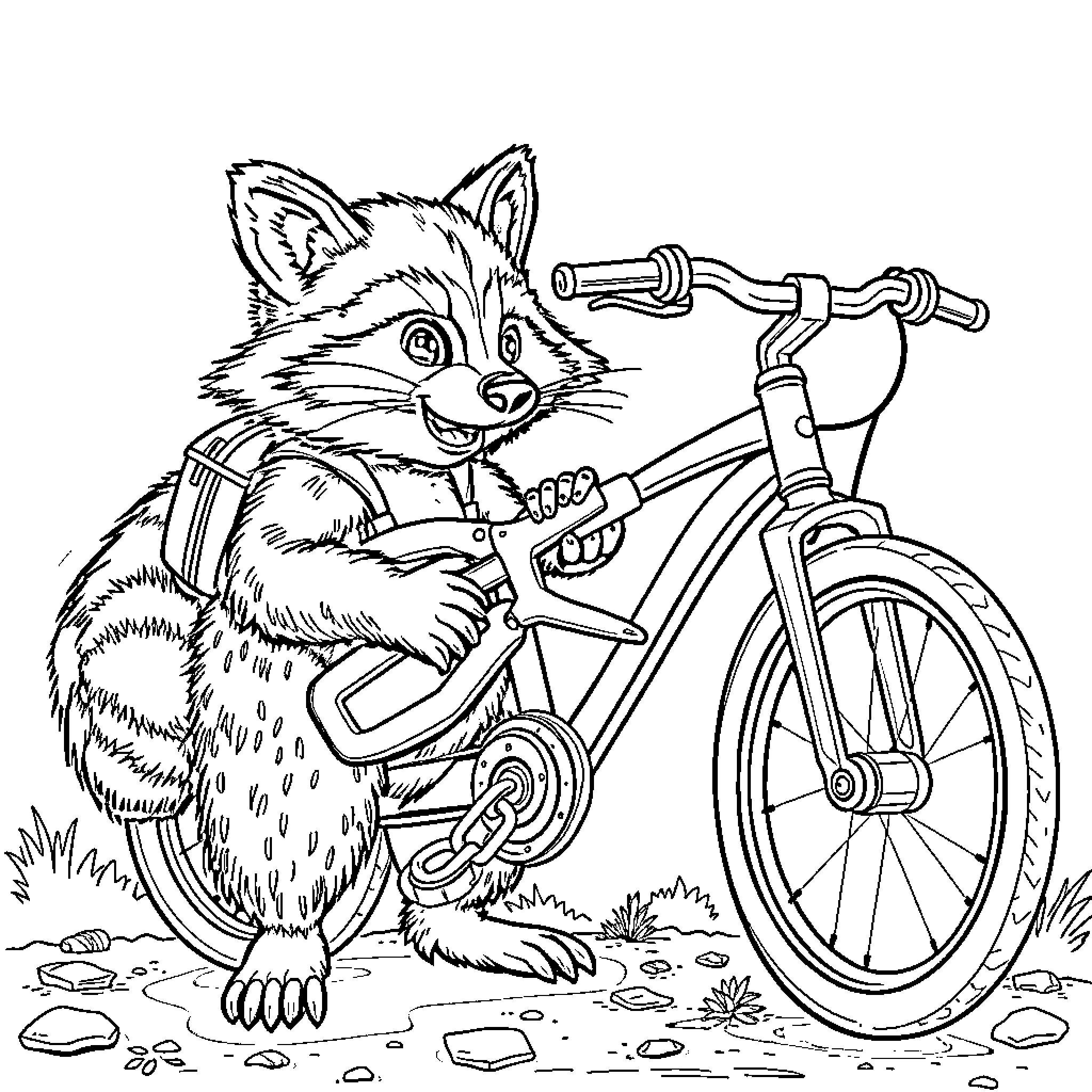 Raccoon riding a bicycle in the outdoors Coloring Page (free black-and-white line drawing printable PDF for all, from beginners to advanced learners, including children, teens, adults, and seniors)