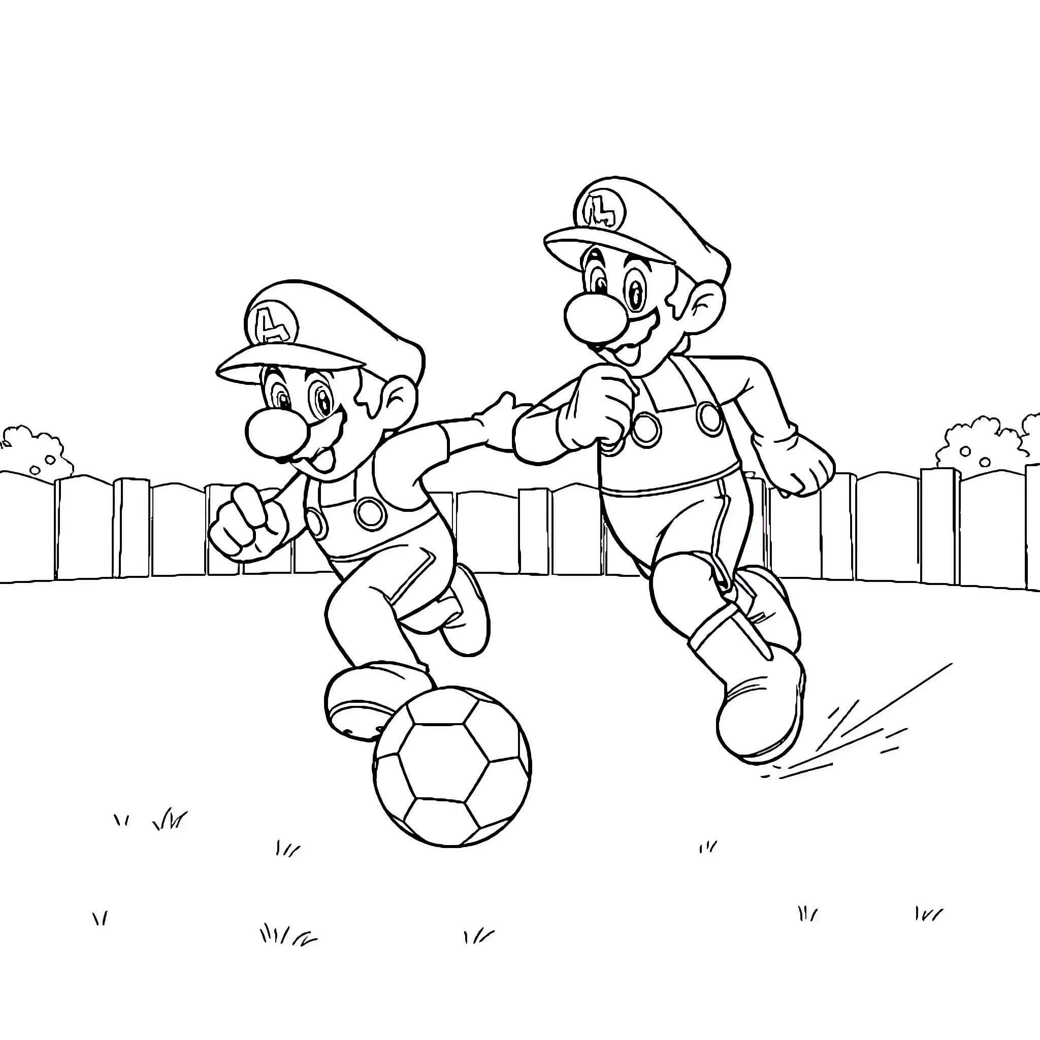 Mario Brothers Playing Soccer on Field Coloring Page (free black-and-white line drawing printable PDF for all, from beginners to advanced learners, including children, teens, adults, and seniors)