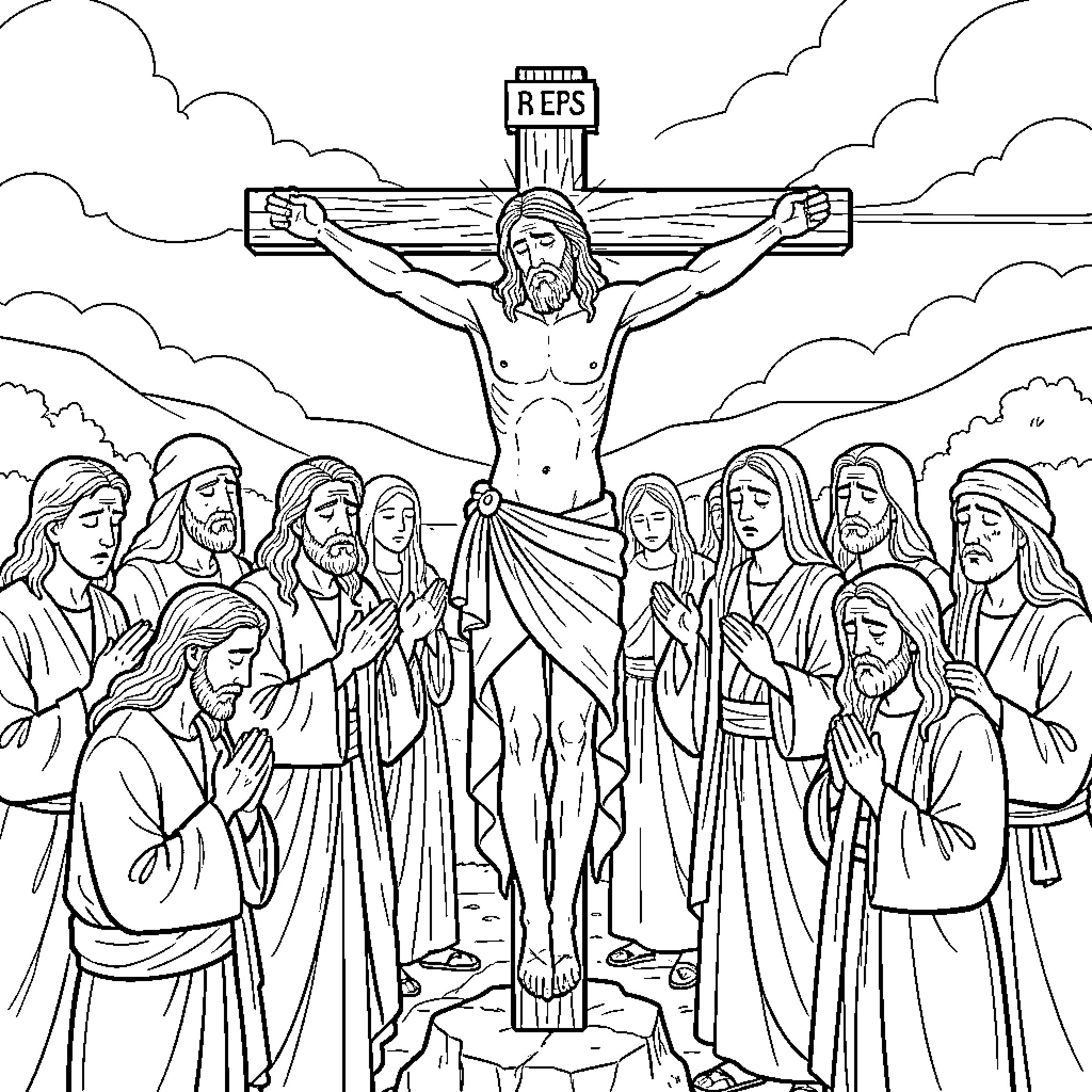 Jesus Crucified with Followers Gathered Coloring Page (free black-and-white line drawing printable PDF for all, from beginners to advanced learners, including children, teens, adults, and seniors)