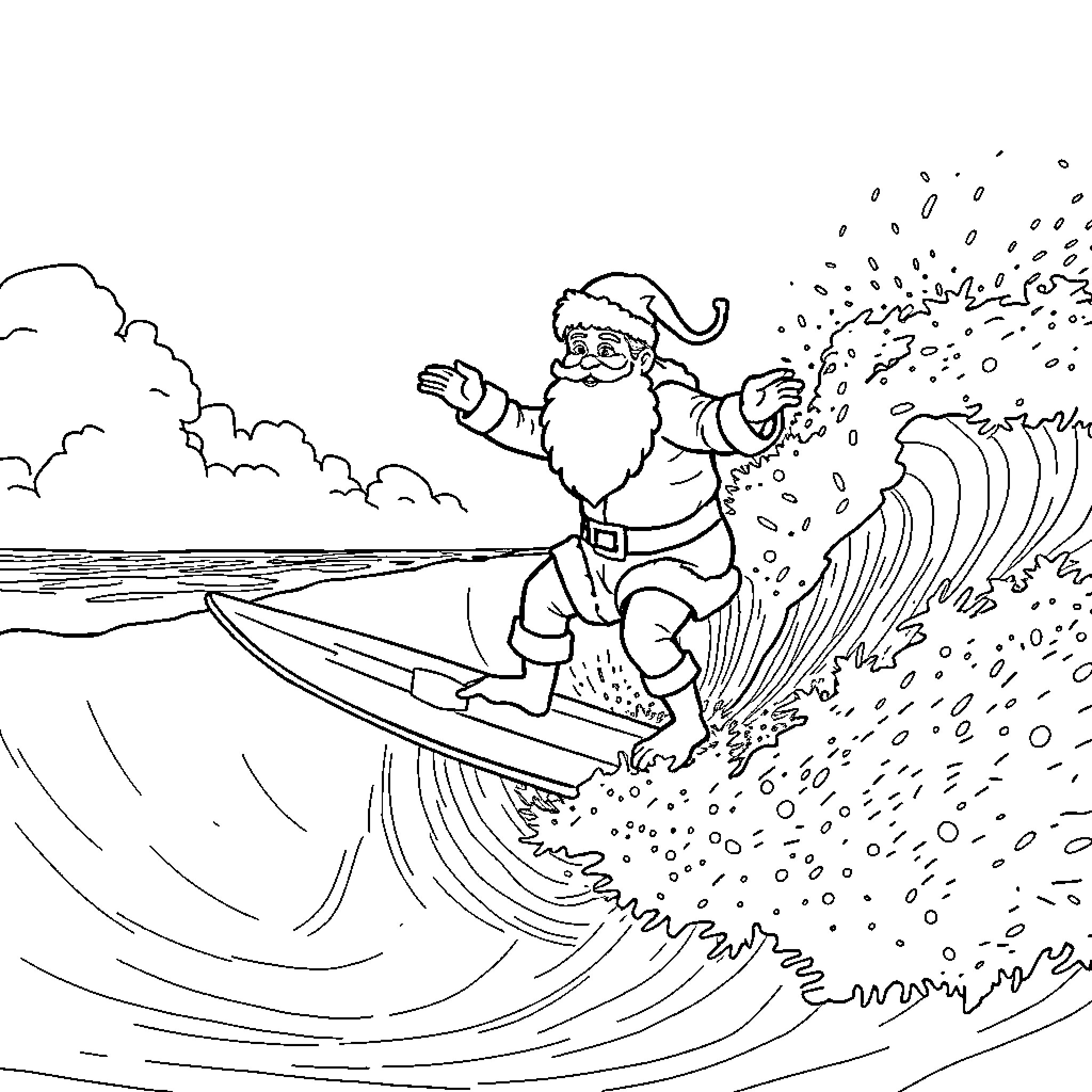 King Santa surfing a wave of snow in winter Coloring Page (free black-and-white line drawing printable PDF for all, from beginners to advanced learners, including children, teens, adults, and seniors)
