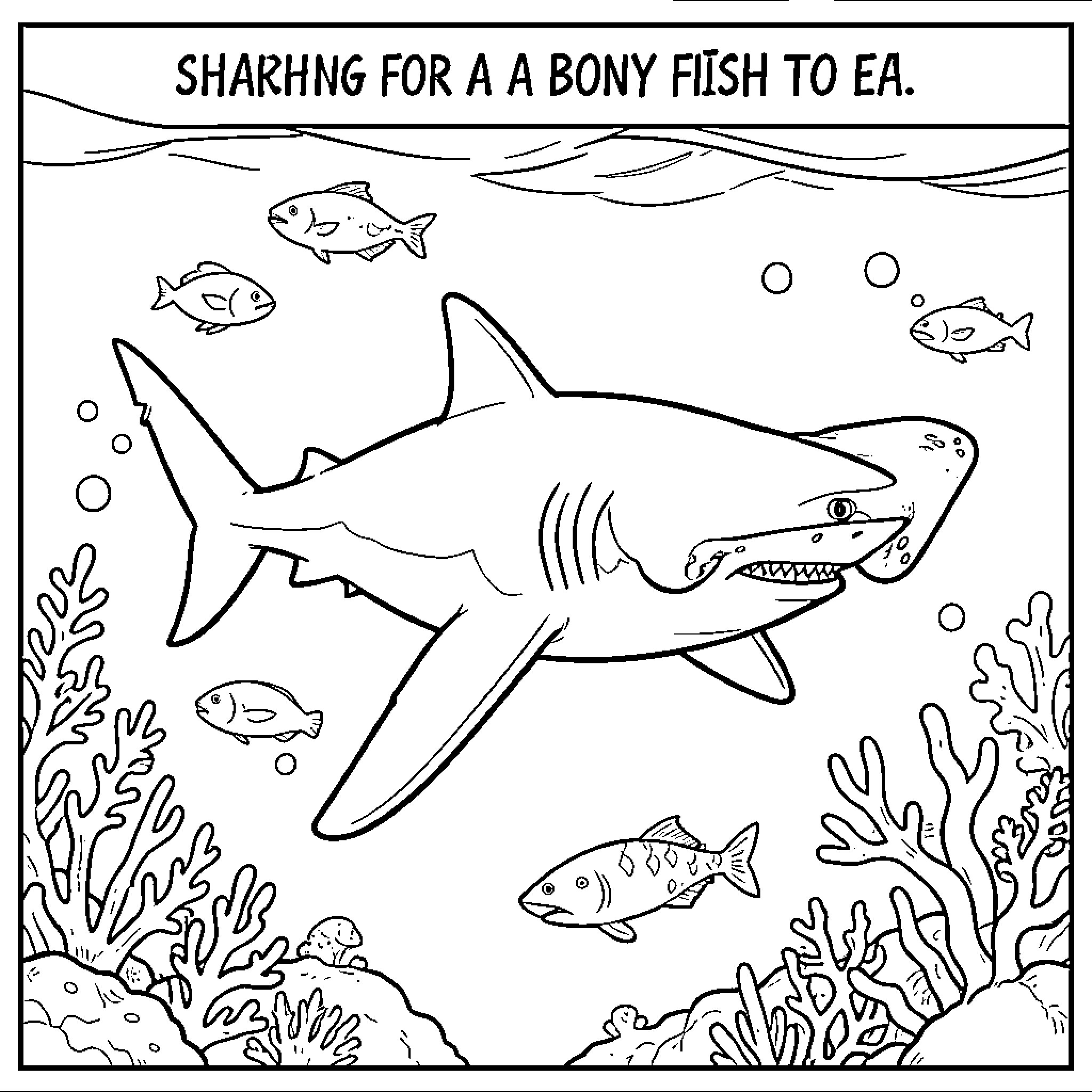 Hammerhead Shark searching for bony fish underwater Coloring Page (free black-and-white line drawing printable PDF for all, from beginners to advanced learners, including children, teens, adults, and seniors)