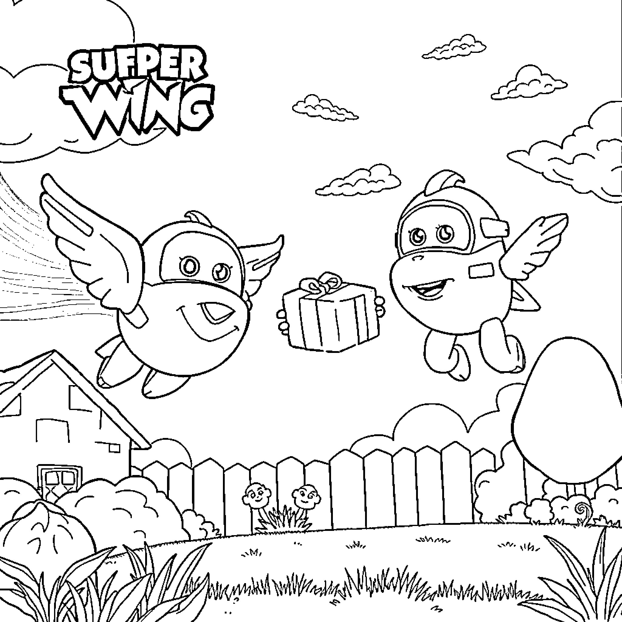 Super Wings characters playing with gift in outdoor scene Coloring Page (free black-and-white line drawing printable PDF for all, from beginners to advanced learners, including children, teens, adults, and seniors)