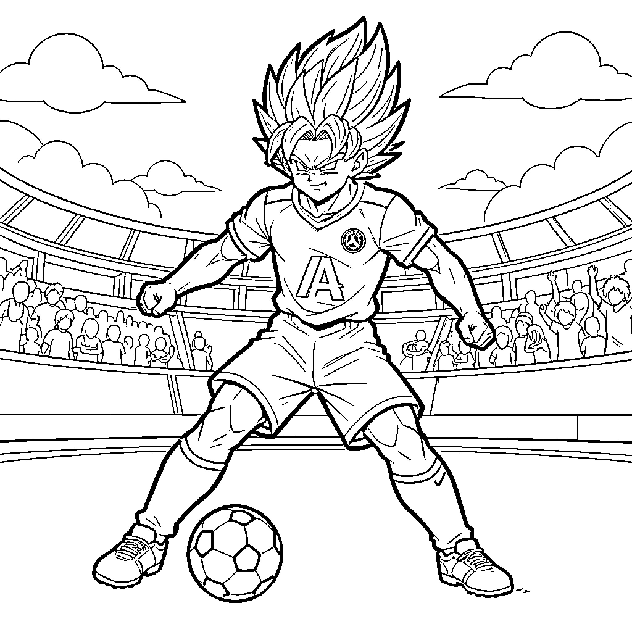 Sangoku playing soccer in a large stadium Coloring Page (free black-and-white line drawing printable PDF for all, from beginners to advanced learners, including children, teens, adults, and seniors)