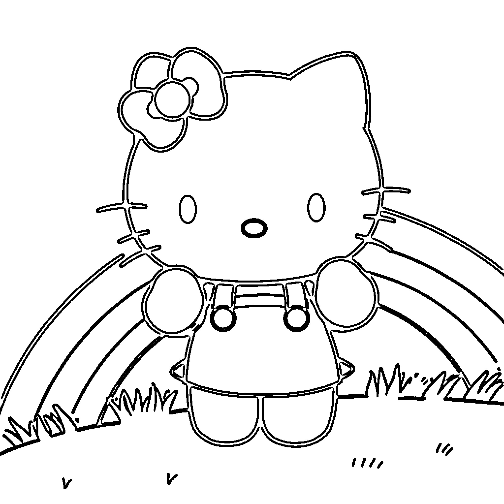 Hello Kitty playing in a field Coloring Page (free black-and-white line drawing printable PDF for all, from beginners to advanced learners, including children, teens, adults, and seniors)