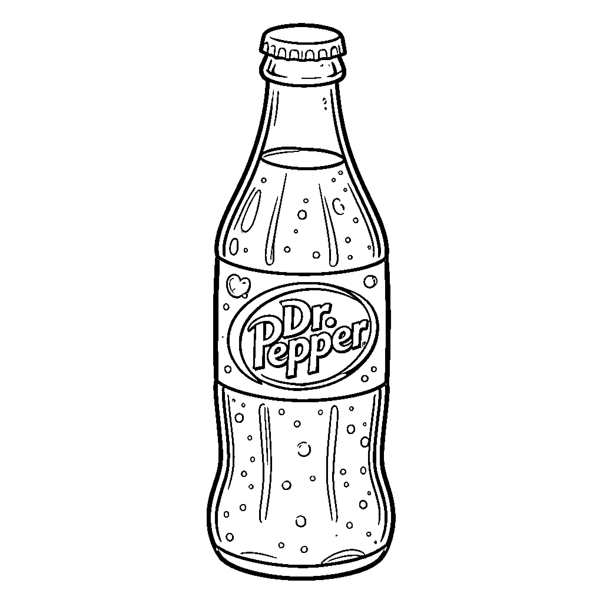 Dr Pepper soda bottle with carbonated bubbles Coloring Page (free black-and-white line drawing printable PDF for all, from beginners to advanced learners, including children, teens, adults, and seniors)