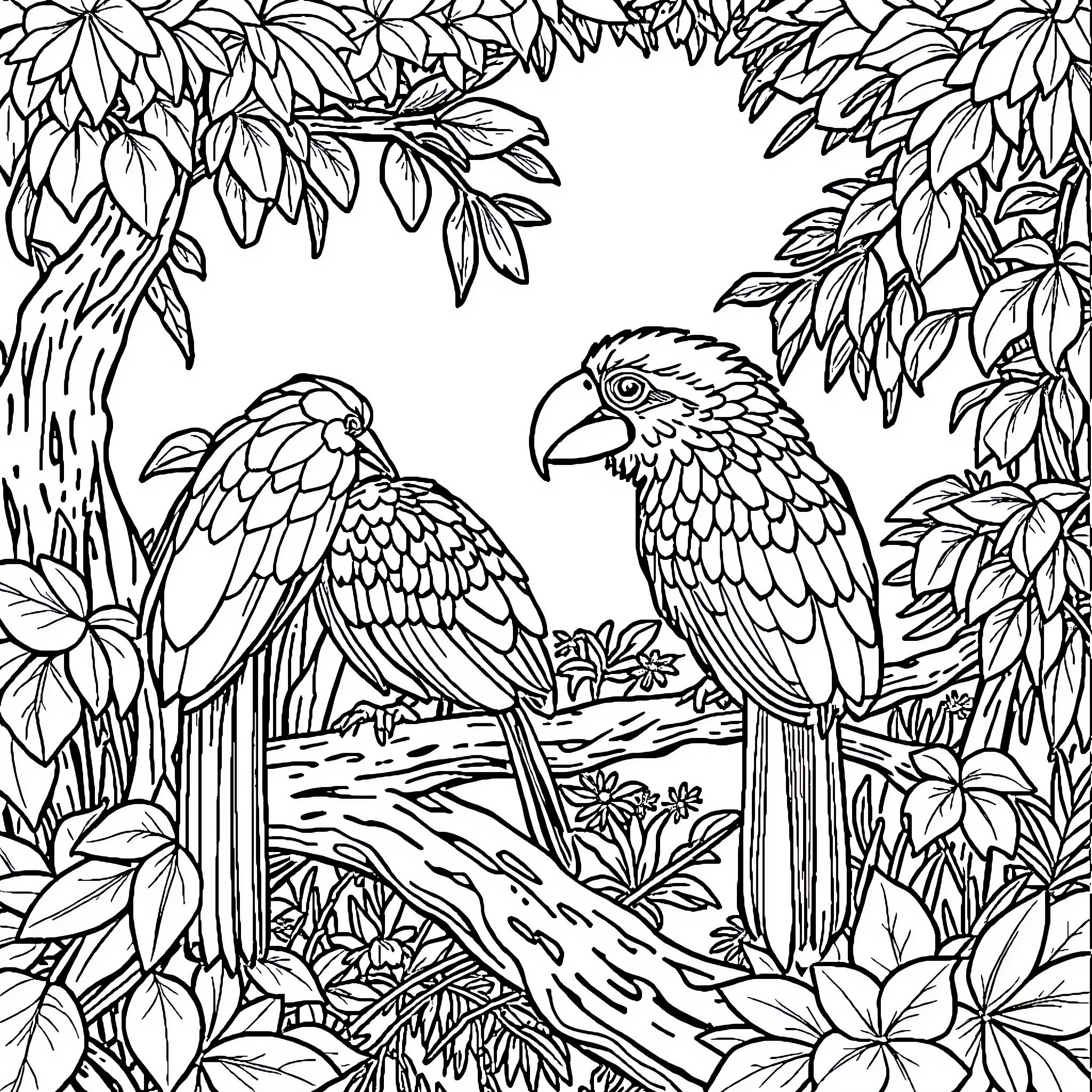 Animal Parrots in Tropical Foliage Coloring Page (free black-and-white line drawing printable PDF for all, from beginners to advanced learners, including children, teens, adults, and seniors)