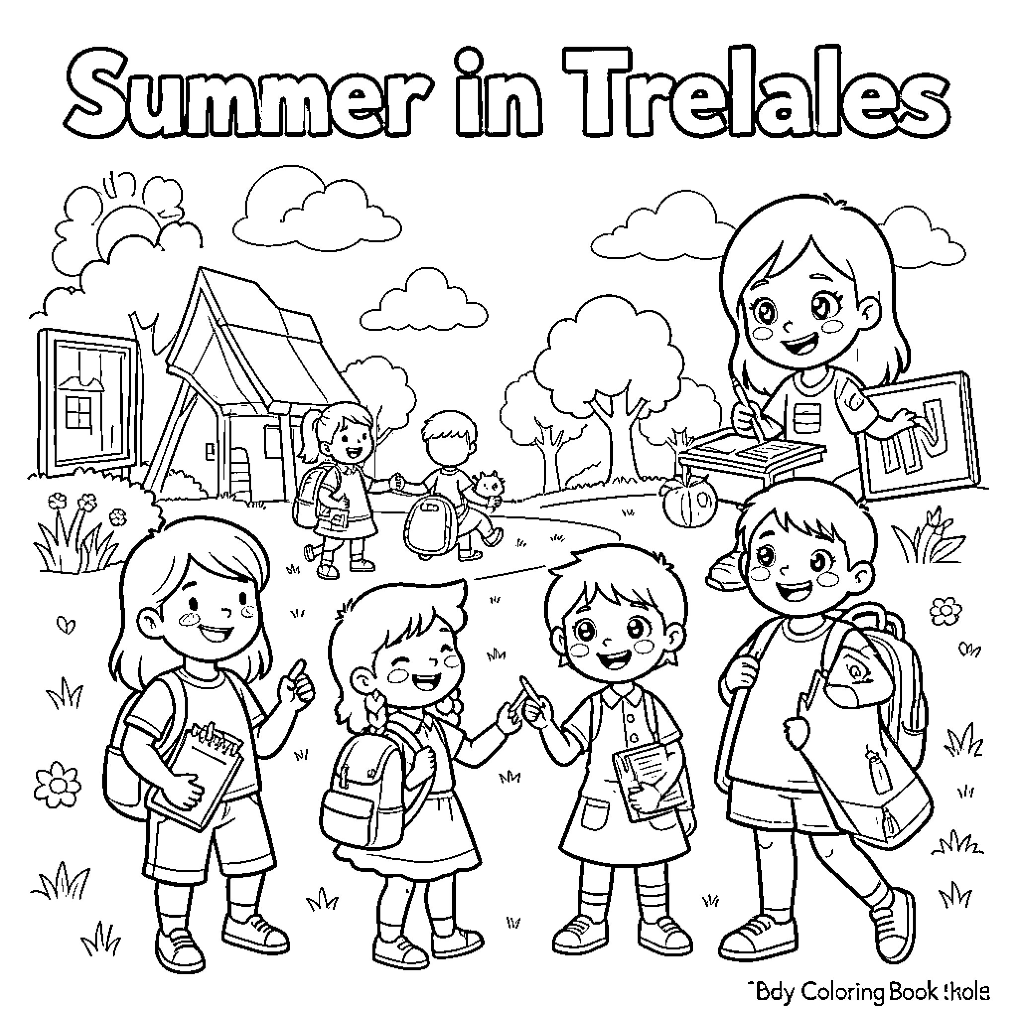Character playing and exploring in the summer outdoors Coloring Page (free black-and-white line drawing printable PDF for all, from beginners to advanced learners, including children, teens, adults, and seniors)