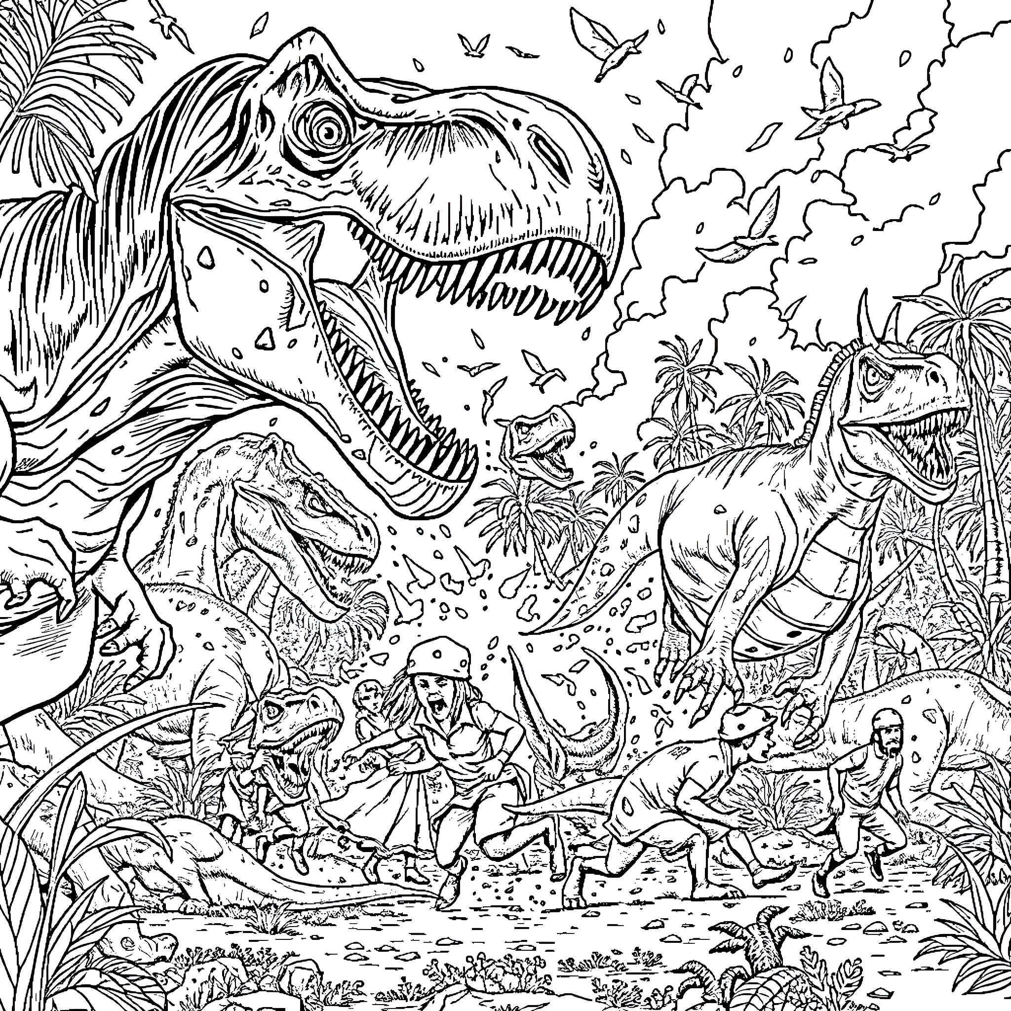 Dinosaurs Roaming in Prehistoric Jungle Landscape Coloring Page (free black-and-white line drawing printable PDF for all, from beginners to advanced learners, including children, teens, adults, and seniors)