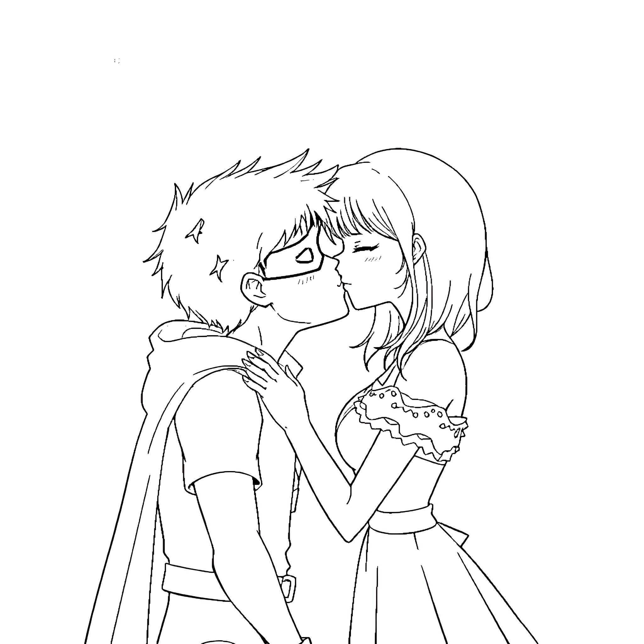Robin and companion in a tender embrace Coloring Page (free black-and-white line drawing printable PDF for all, from beginners to advanced learners, including children, teens, adults, and seniors)
