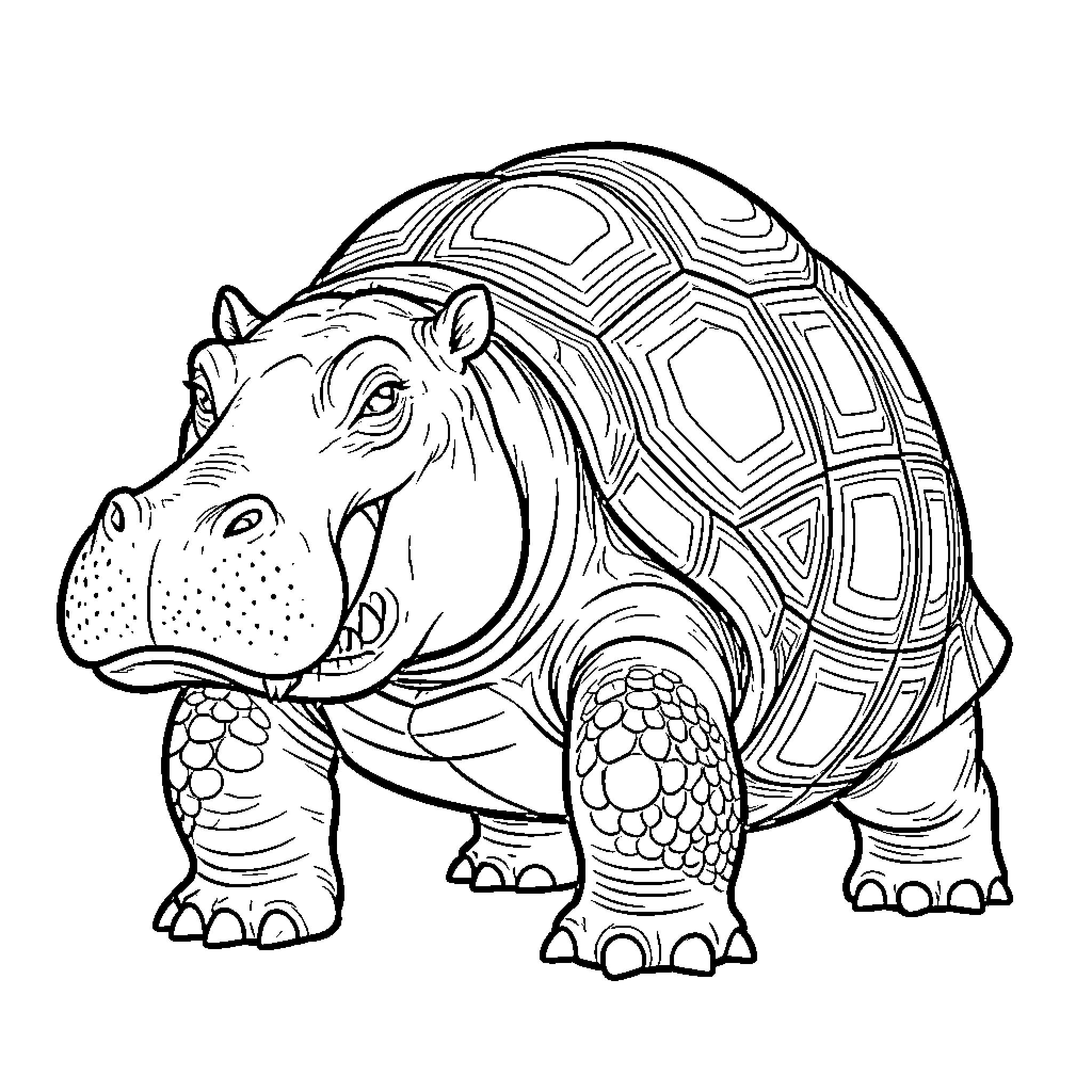 Hipopotamo with a turtle shell walking forward Coloring Page (free black-and-white line drawing printable PDF for all, from beginners to advanced learners, including children, teens, adults, and seniors)
