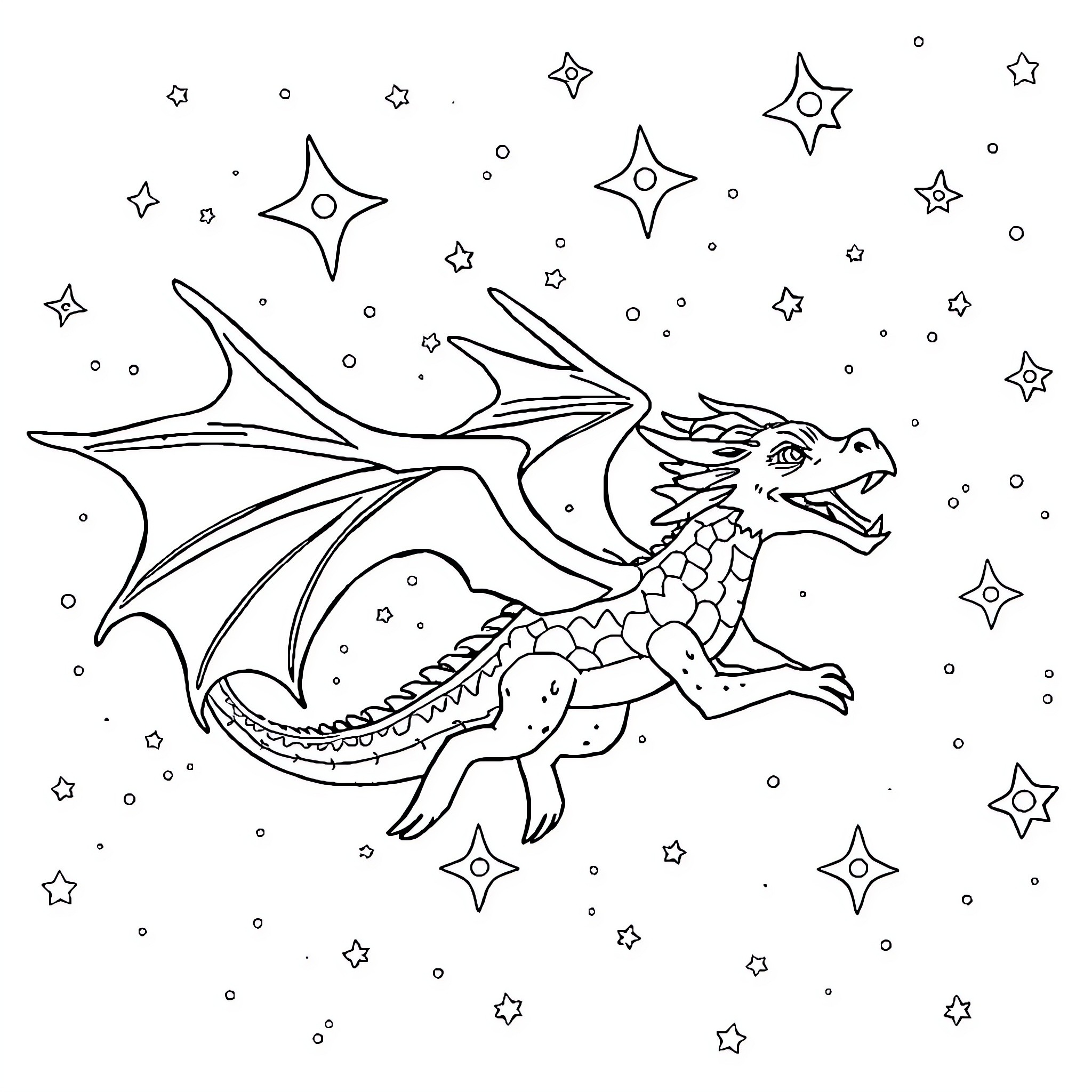 Dragon Soaring Amidst Twinkling Stars Coloring Page (free black-and-white line drawing printable PDF for all, from beginners to advanced learners, including children, teens, adults, and seniors)