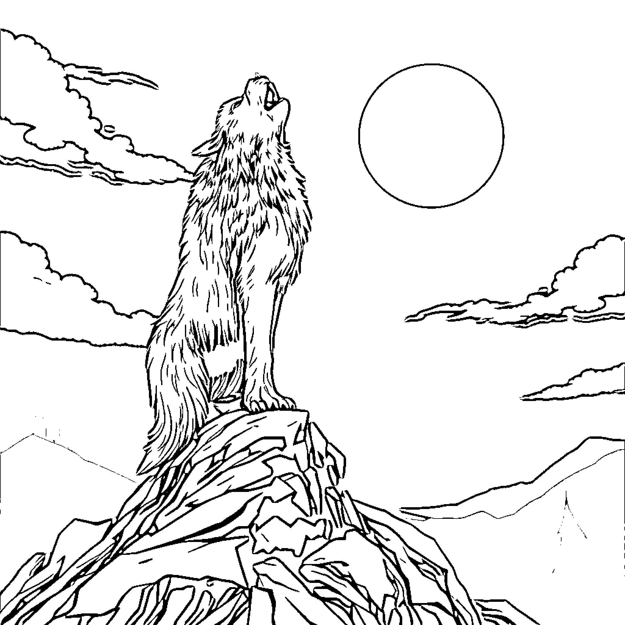 Werewolf howling at the moon in a mountainous landscape Coloring Page (free black-and-white line drawing printable PDF for all, from beginners to advanced learners, including children, teens, adults, and seniors)