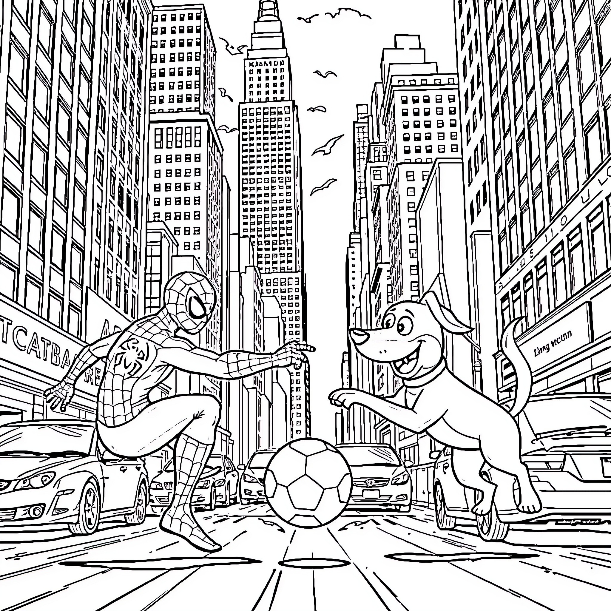 Spiderman and dog playing soccer in New York City Coloring Page (free black-and-white line drawing printable PDF for all, from beginners to advanced learners, including children, teens, adults, and seniors)