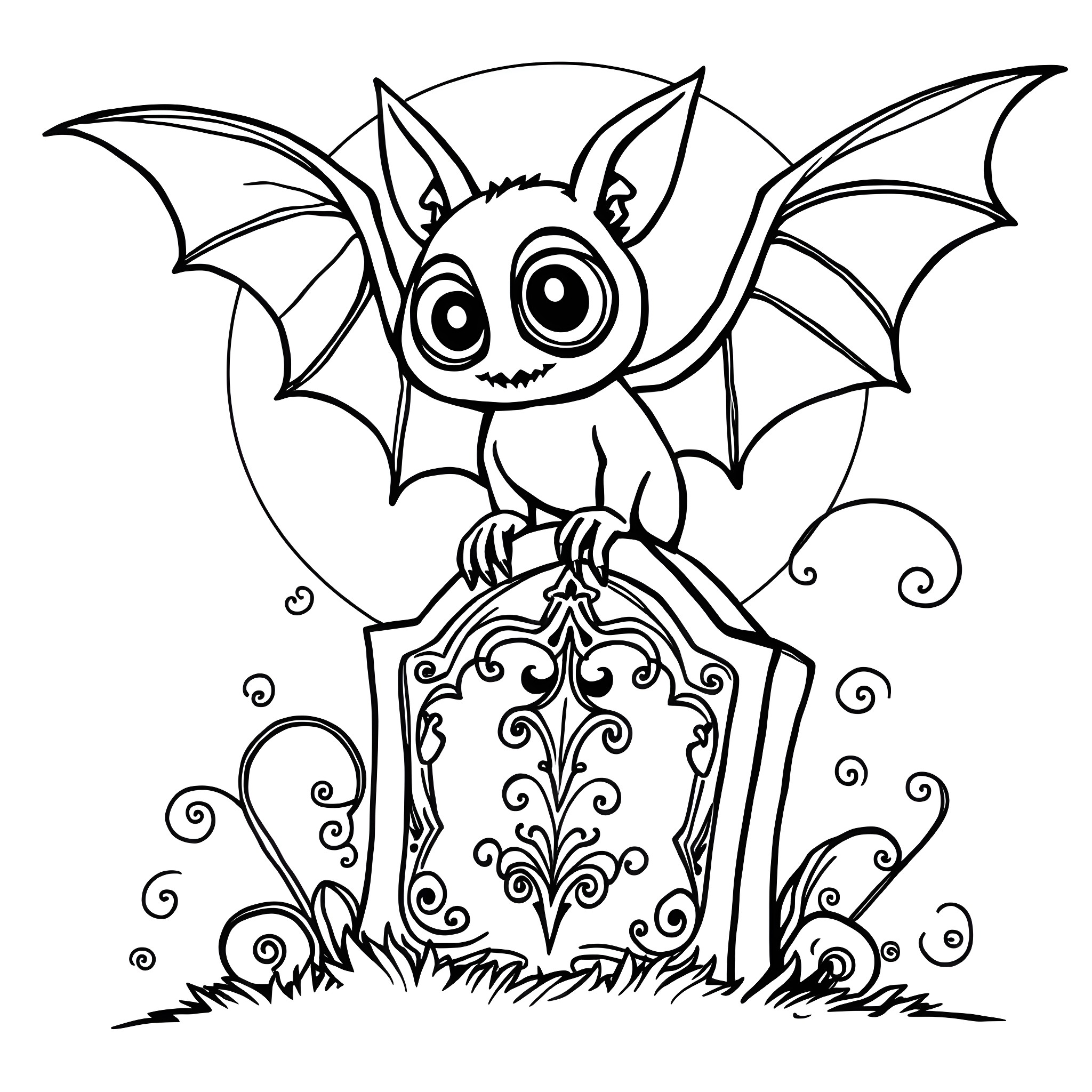 Bat with large eyes perched on an ornate gravestone Coloring Page (free black-and-white line drawing printable PDF for all, from beginners to advanced learners, including children, teens, adults, and seniors)